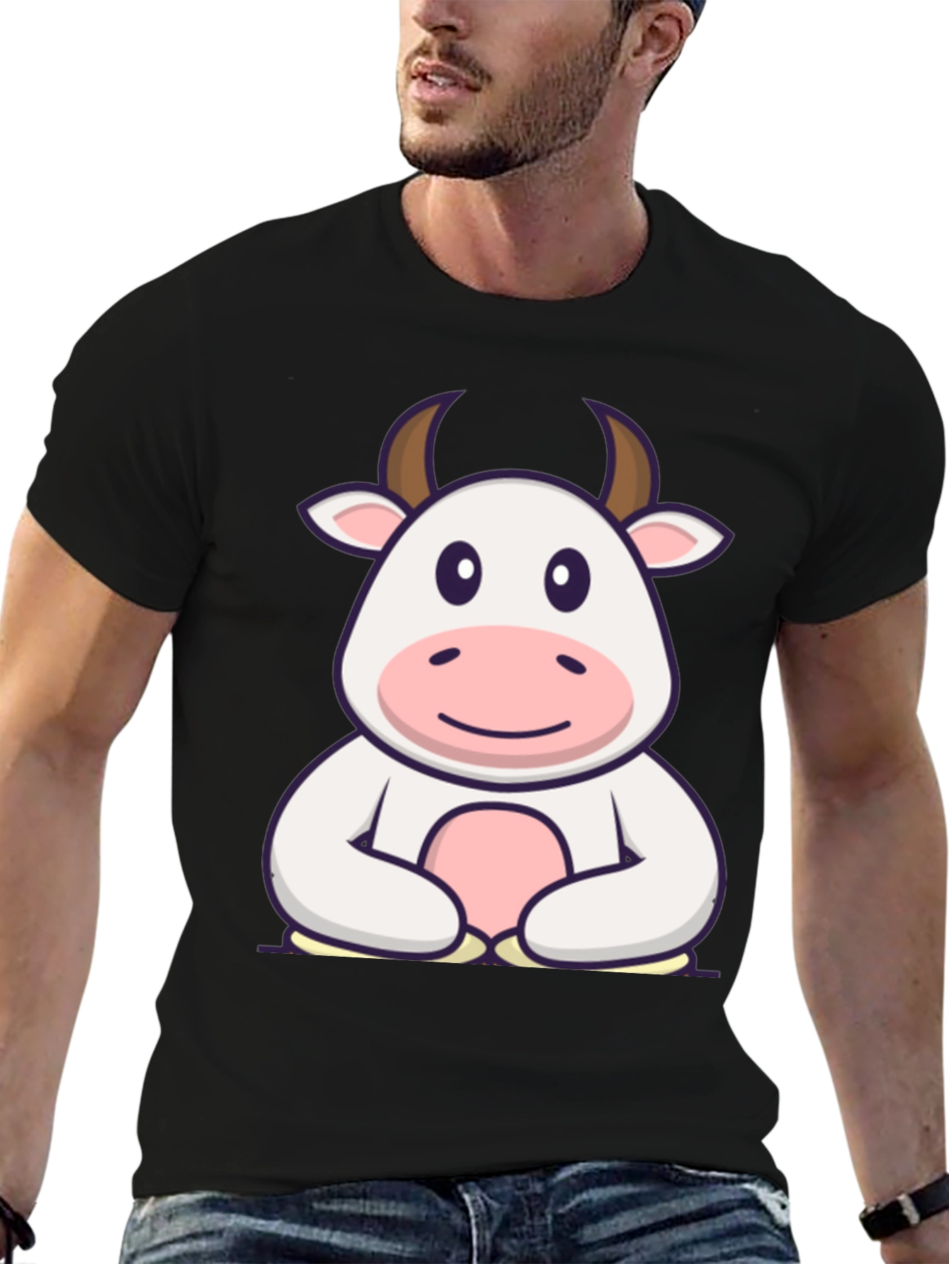 Cute Cartoon Cow Graphic Black T-Shirt