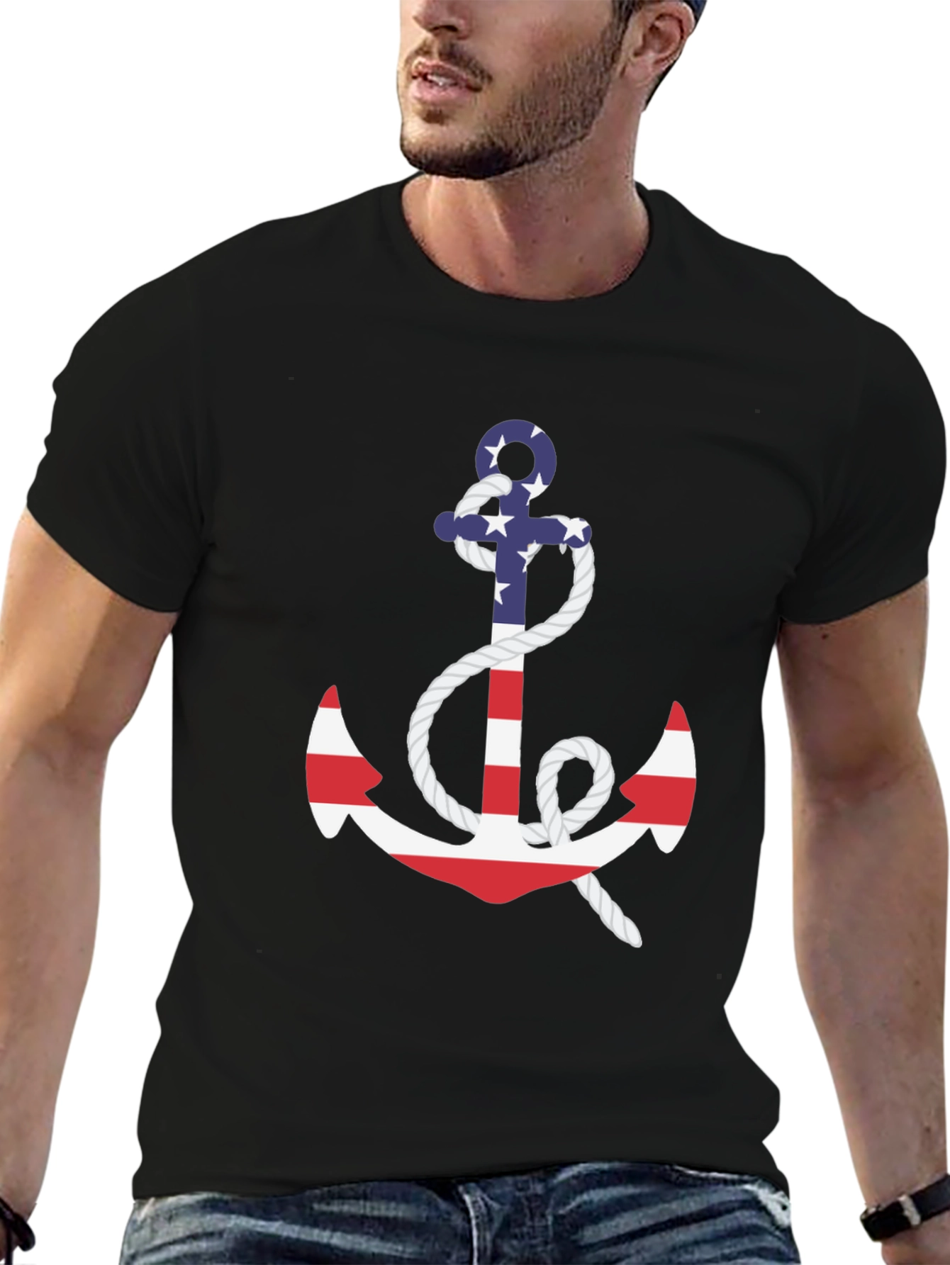 Nautical USA Flag Anchor Graphic Tee - Black