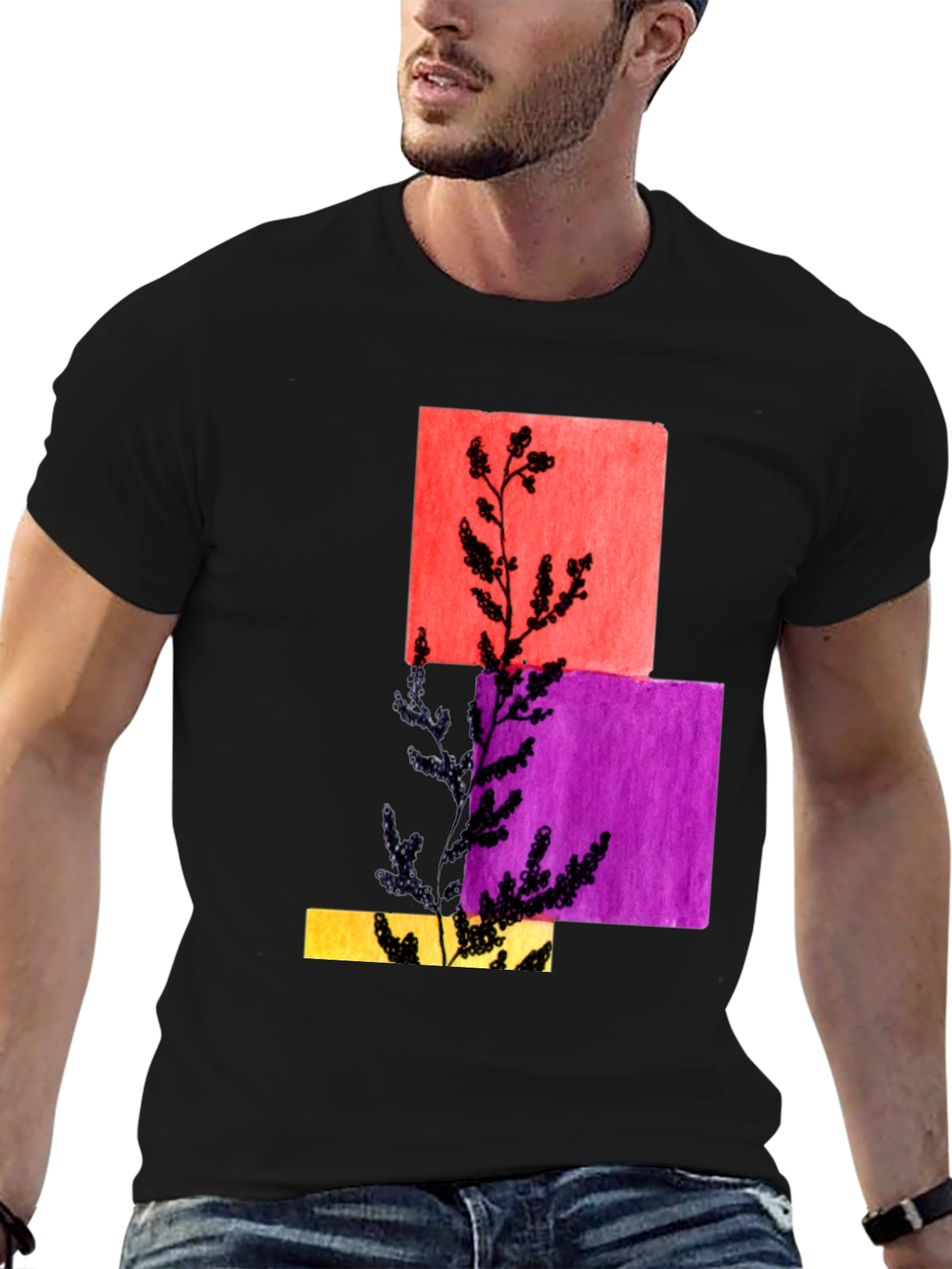 Abstract Botanical Graphic Black T-Shirt