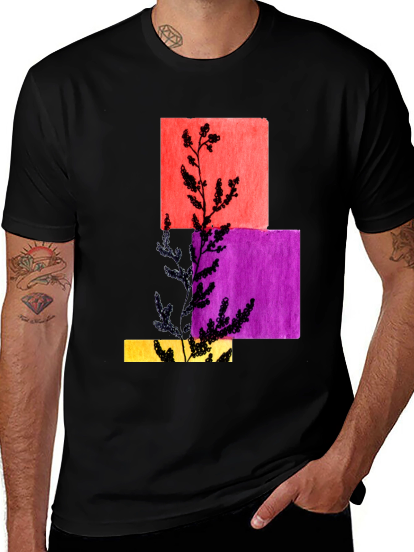 Abstract Botanical Graphic Black T-Shirt