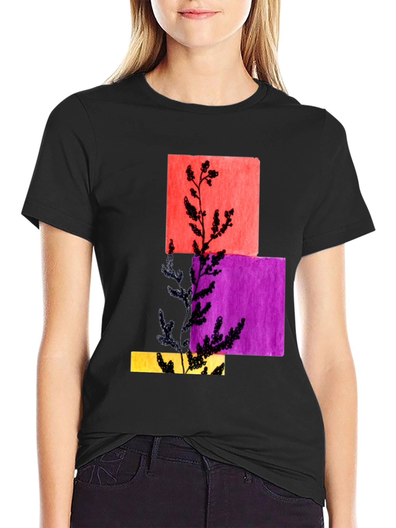 Abstract Botanical Graphic Black T-Shirt