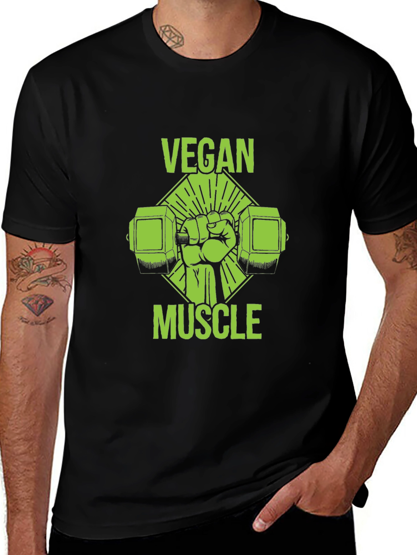 Vegan Muscle Black T-Shirt - Green Graphic Print
