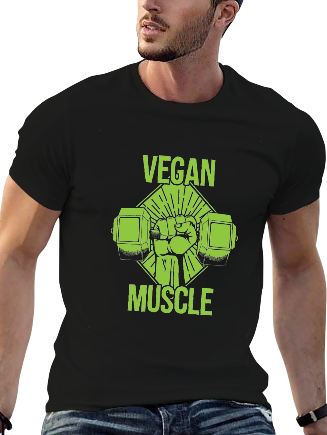 Vegan Muscle Black T-Shirt - Green Graphic Print