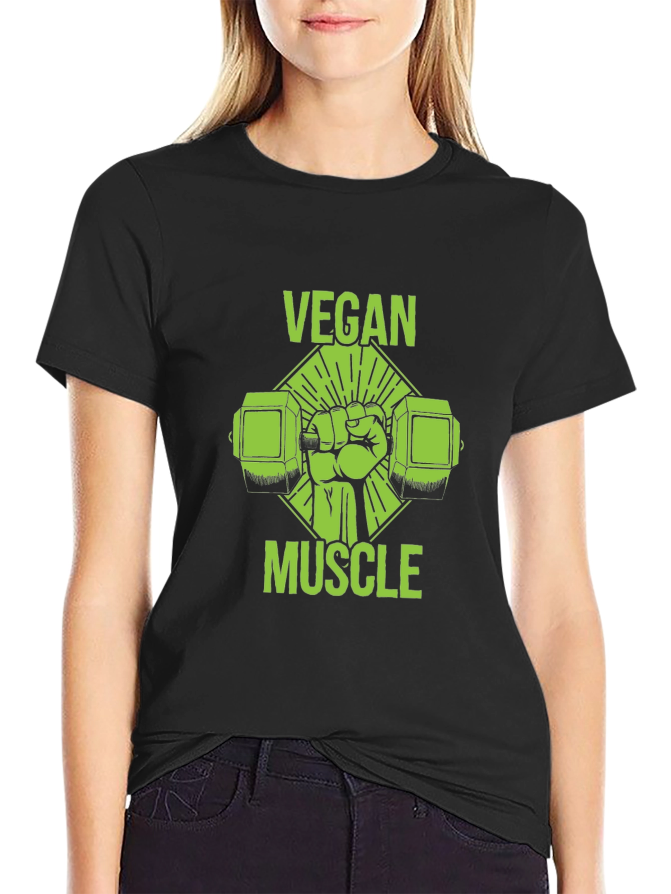 Vegan Muscle Black T-Shirt - Green Graphic Print