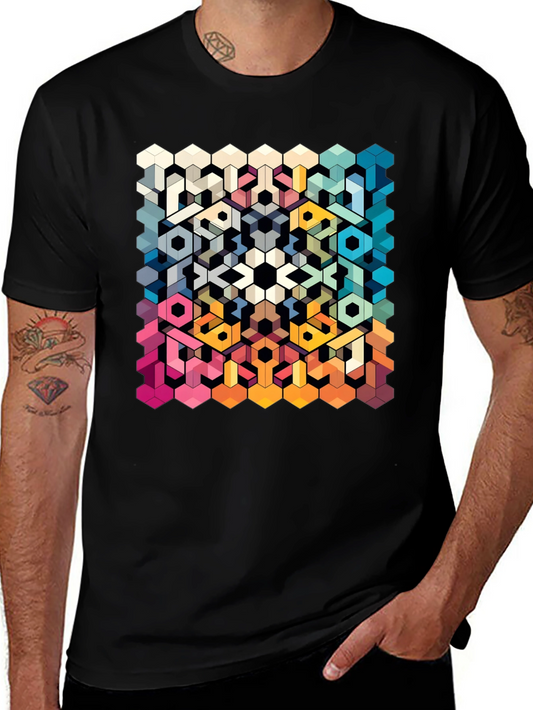 Geometric Hexagon Art Graphic Black T-Shirt