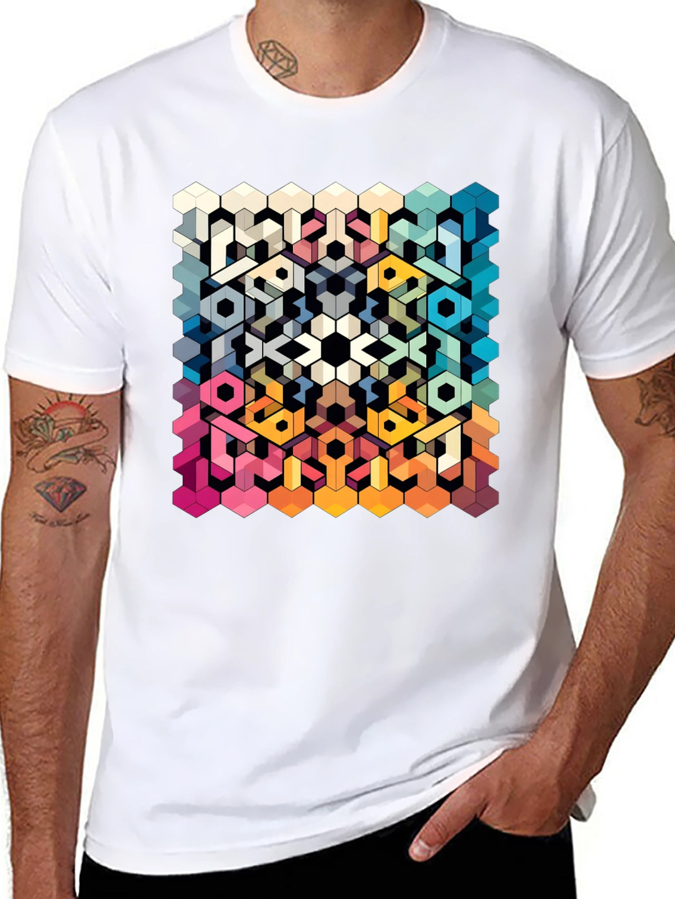 Geometric Hexagon Art Graphic Black T-Shirt