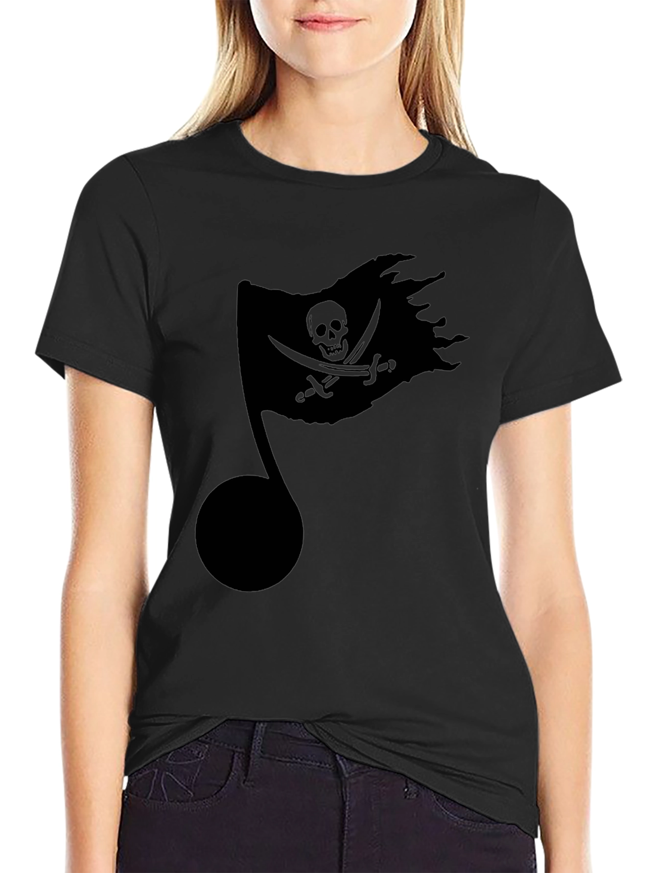 Pirate Flag Music Note Black T-Shirt