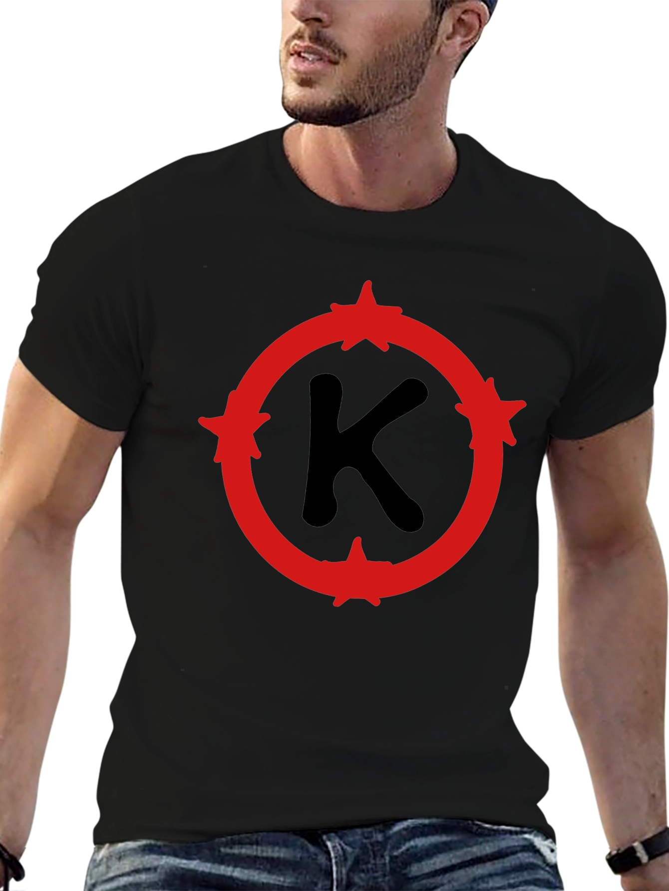 Mens Black T-Shirt with Red Letter K Design