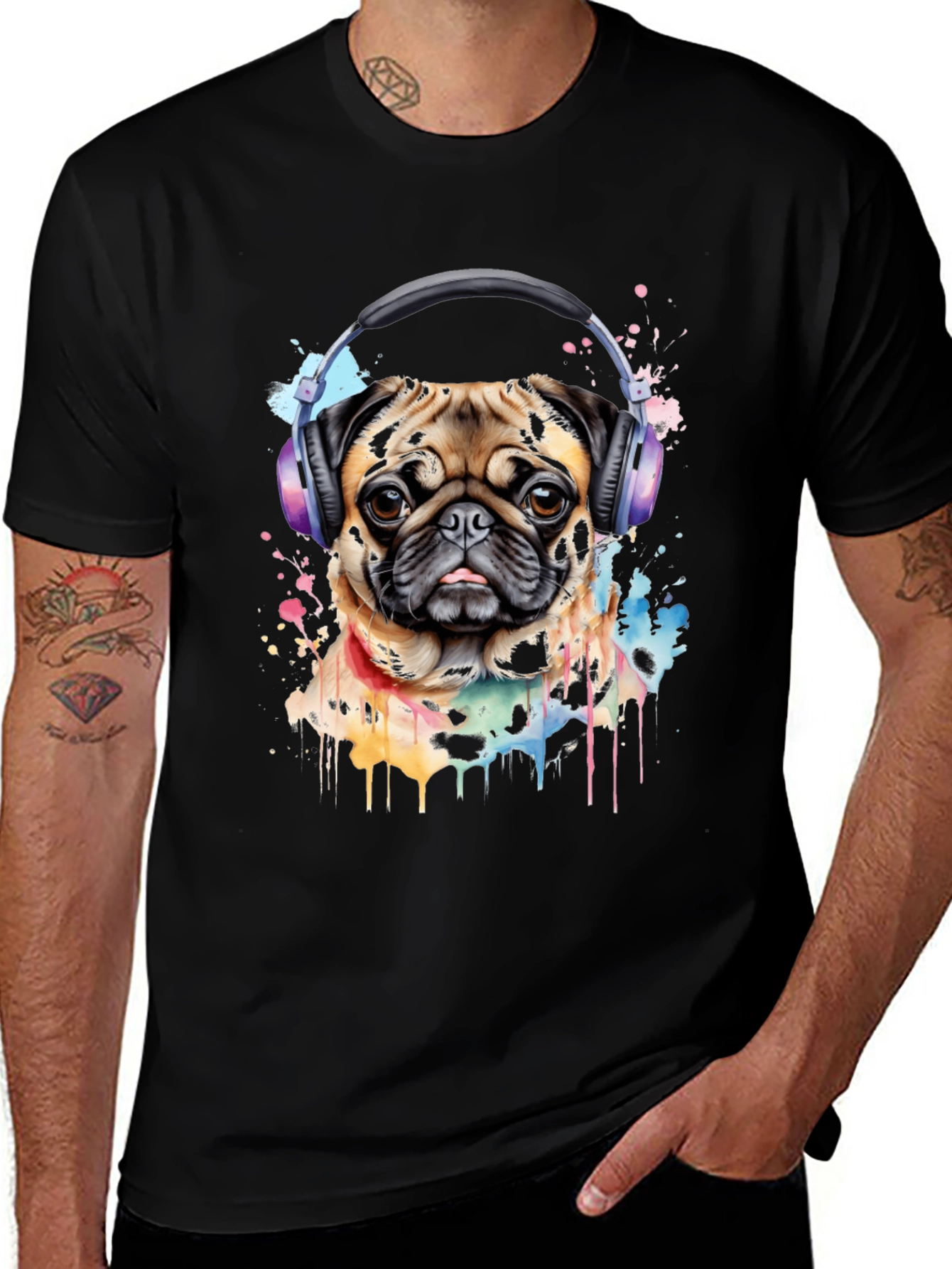 Pug with Headphones Graphic Tee