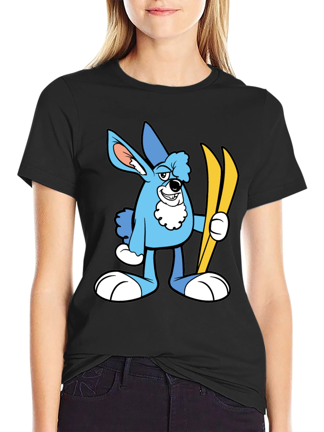 Cartoon Ski Bunny Black T-Shirt