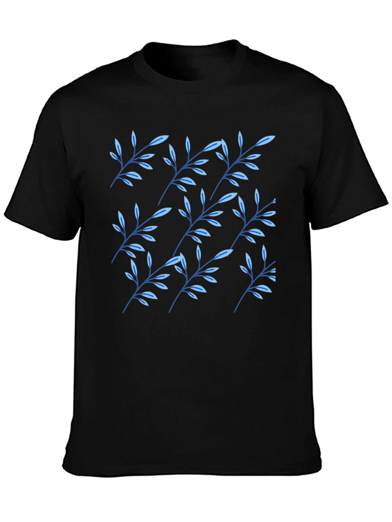 Black T-Shirt with Blue Leaf Pattern