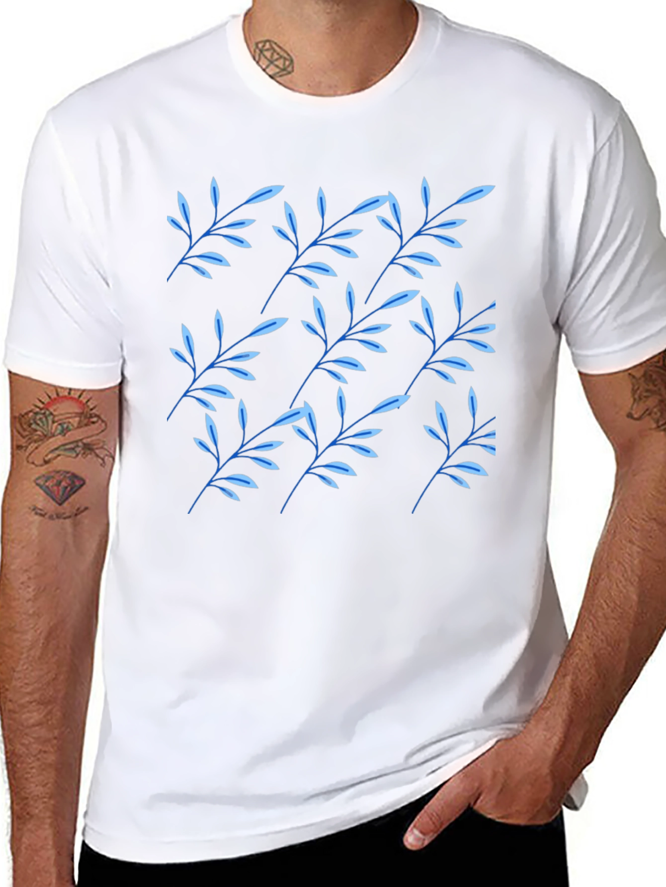 Black T-Shirt with Blue Leaf Pattern