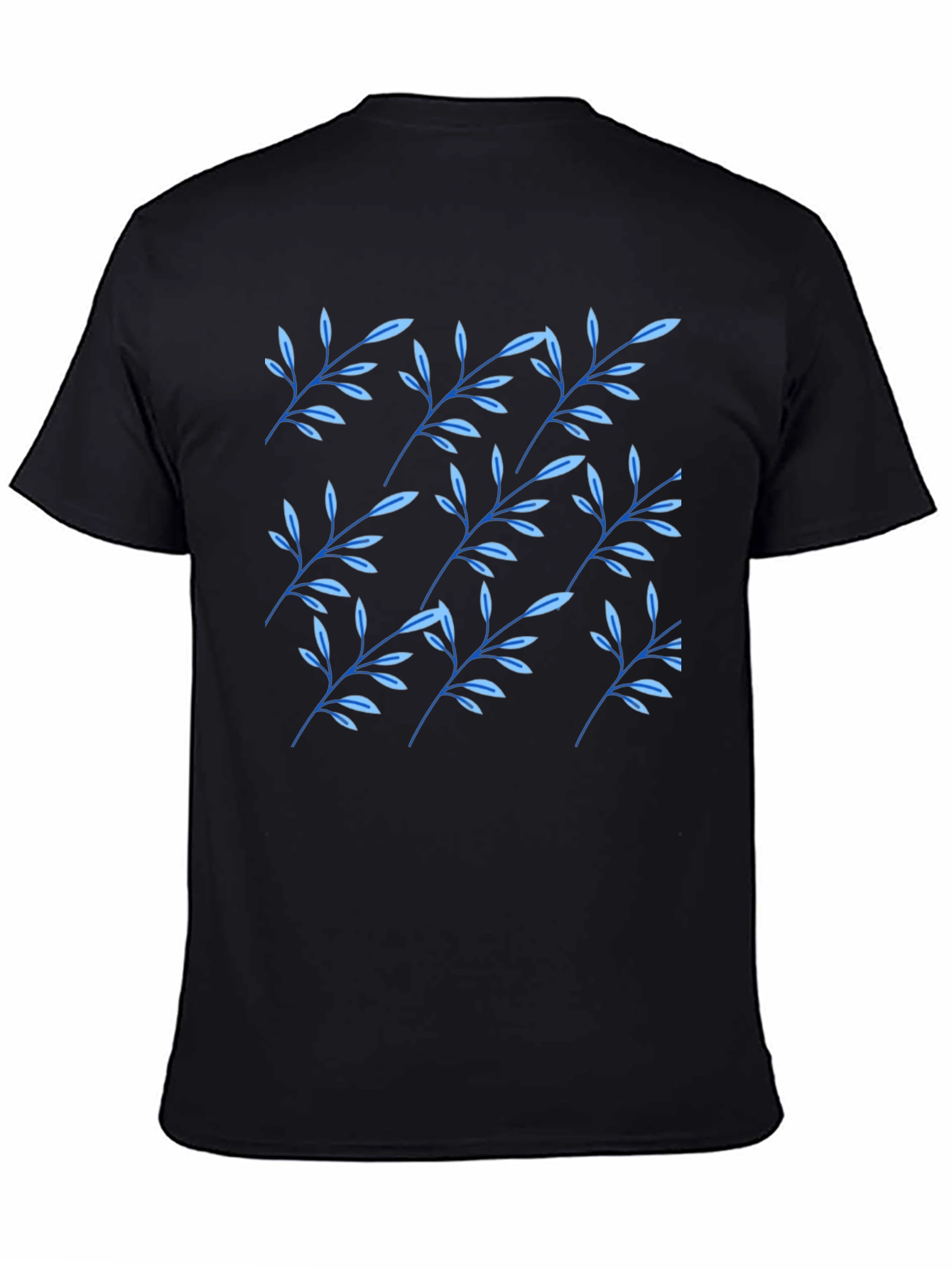 Black T-Shirt with Blue Leaf Pattern
