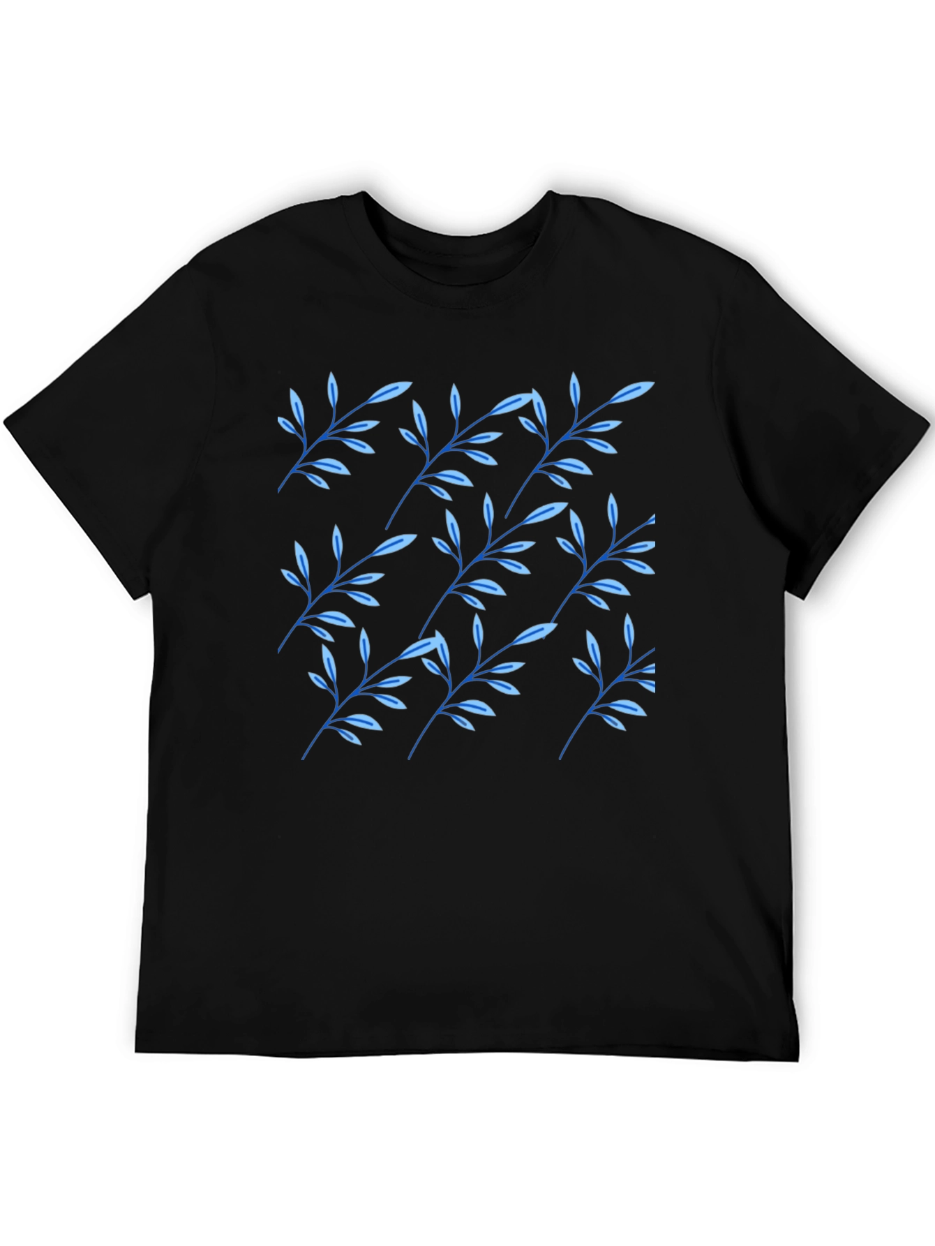Black T-Shirt with Blue Leaf Pattern
