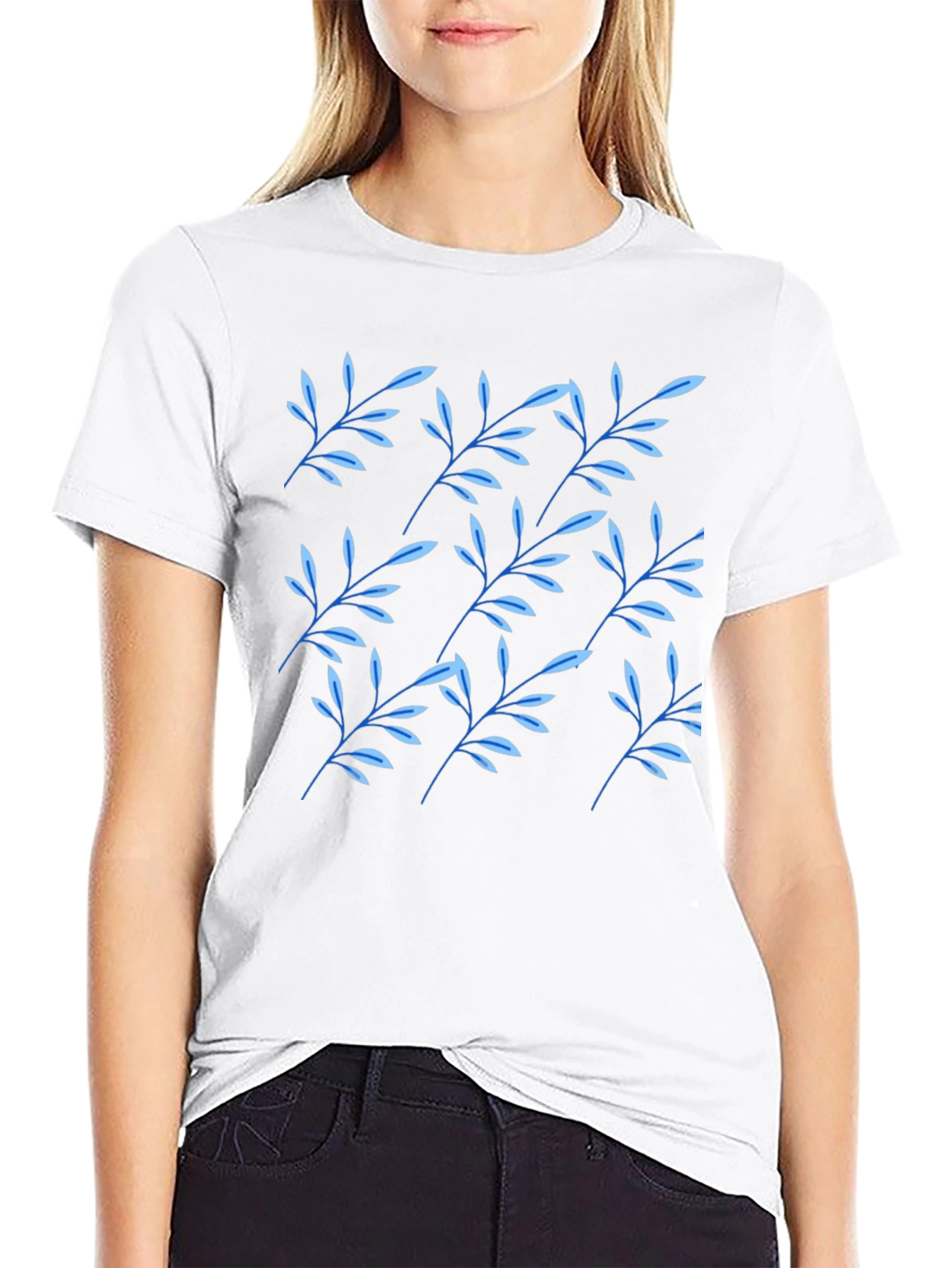 Black T-Shirt with Blue Leaf Pattern