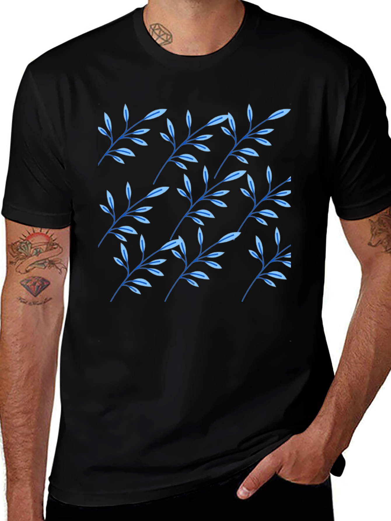 Black T-Shirt with Blue Leaf Pattern
