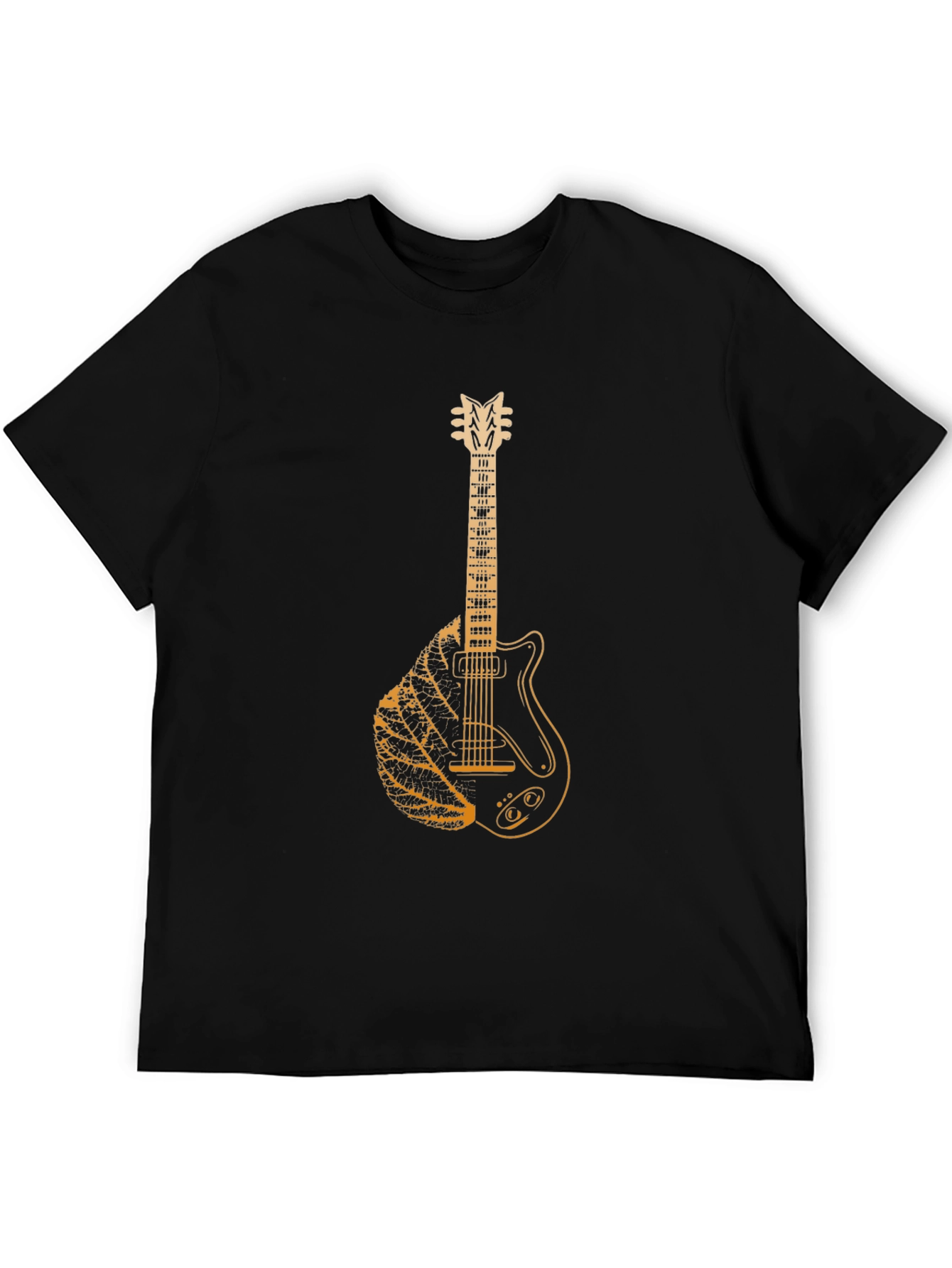 Guitar Leaf Graphic Tee - Black Cotton Casual T-Shirt