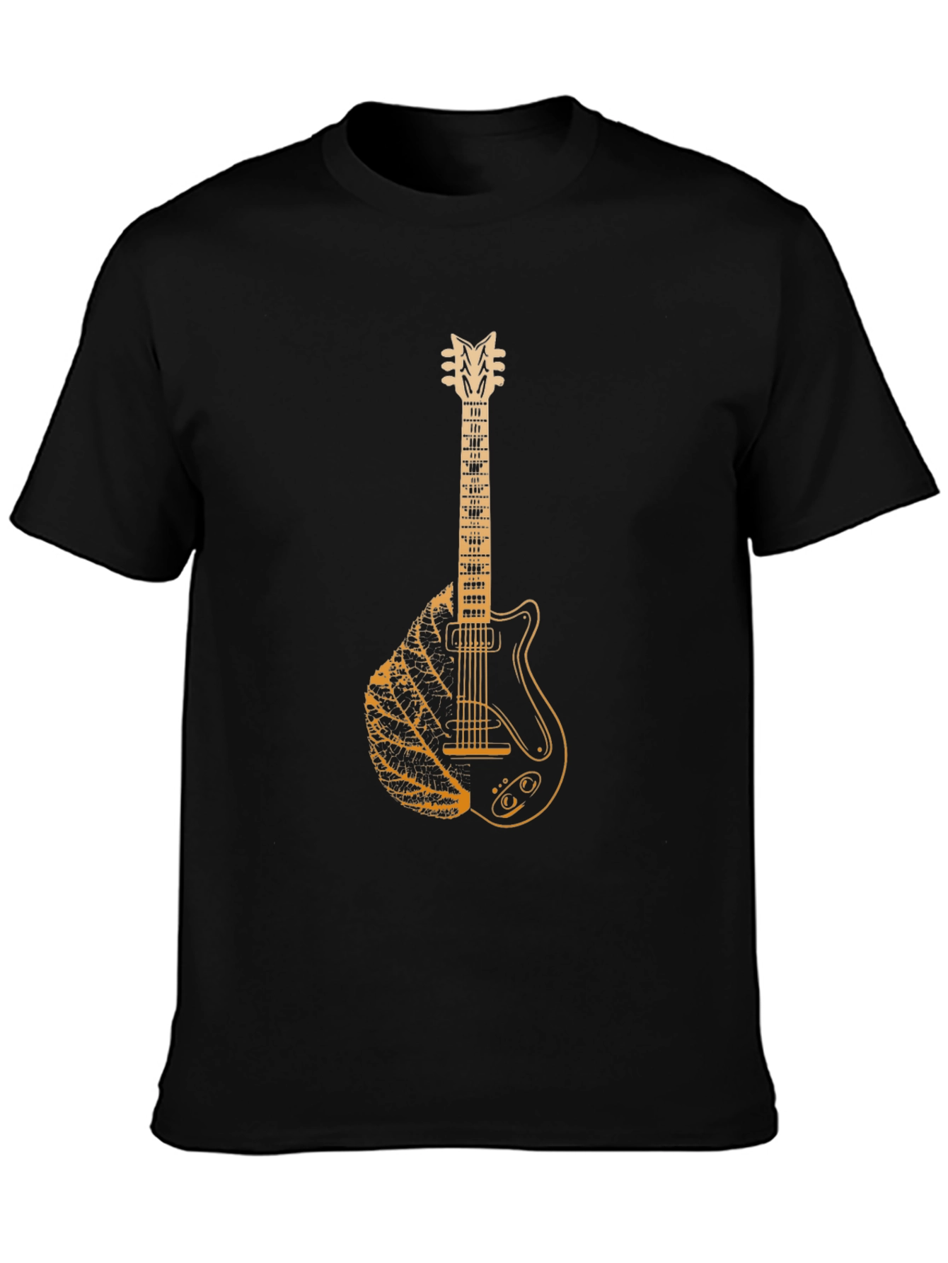 Guitar Leaf Graphic Tee - Black Cotton Casual T-Shirt