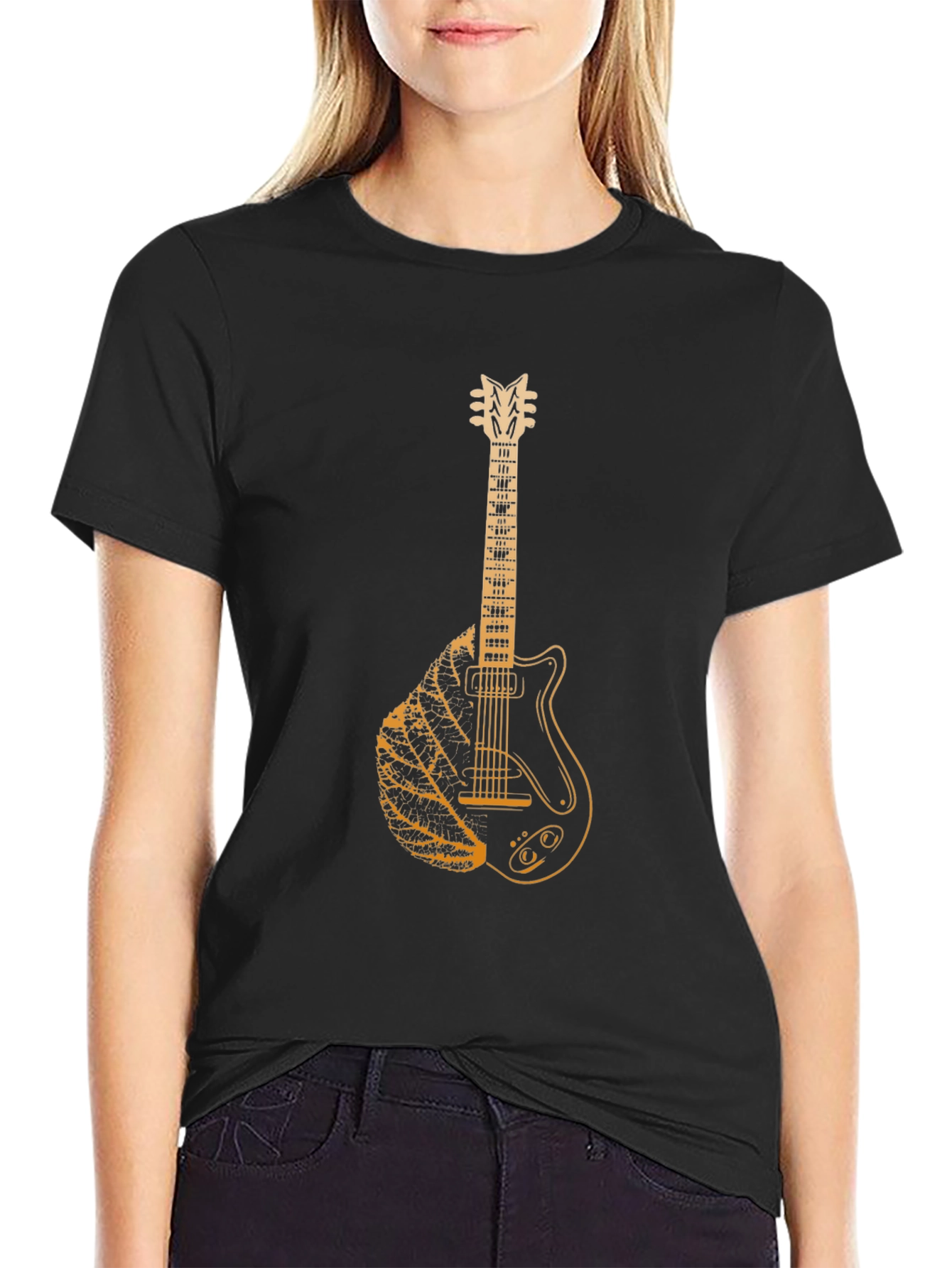 Guitar Leaf Graphic Tee - Black Cotton Casual T-Shirt
