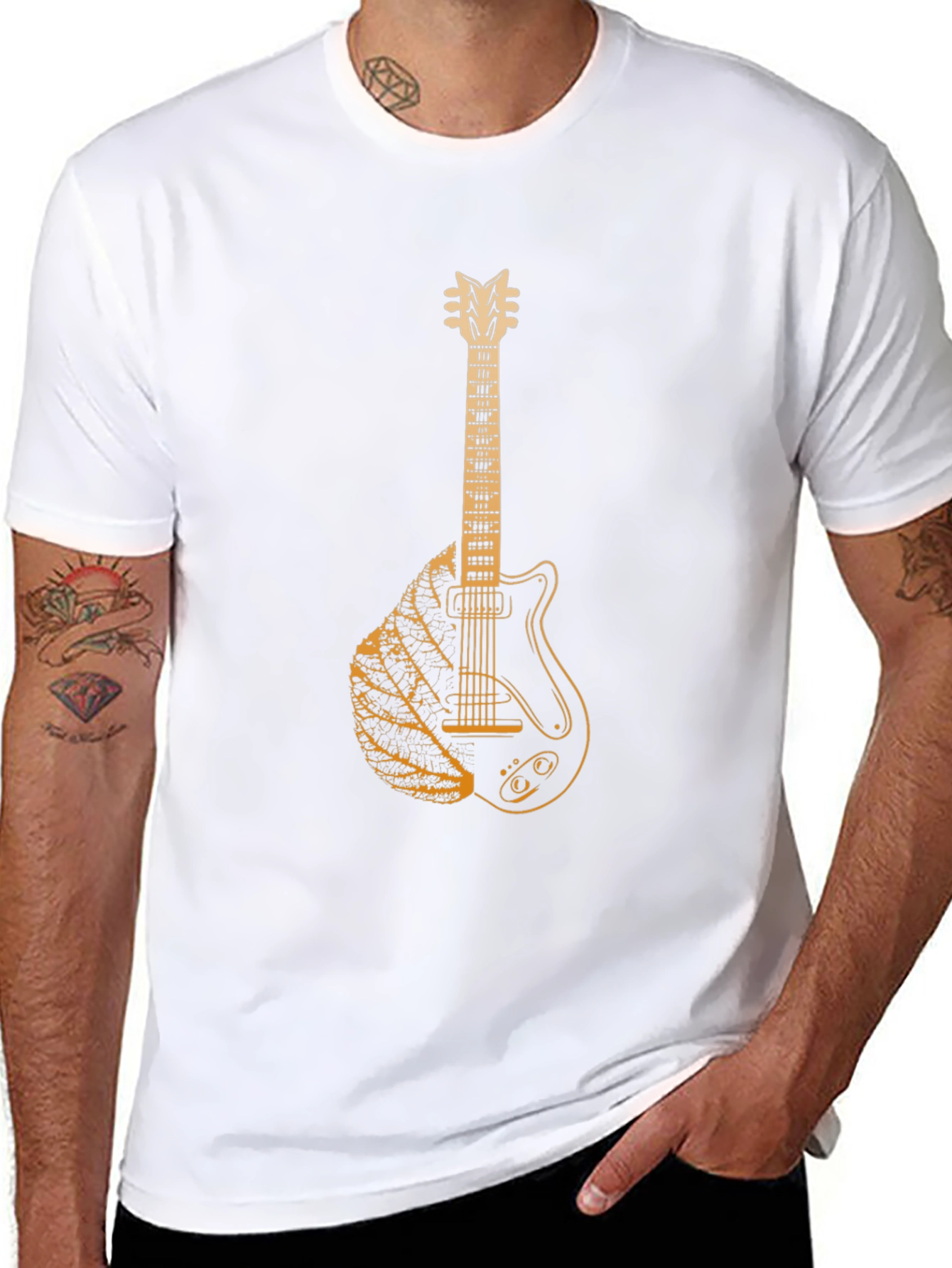 Guitar Leaf Graphic Tee - Black Cotton Casual T-Shirt