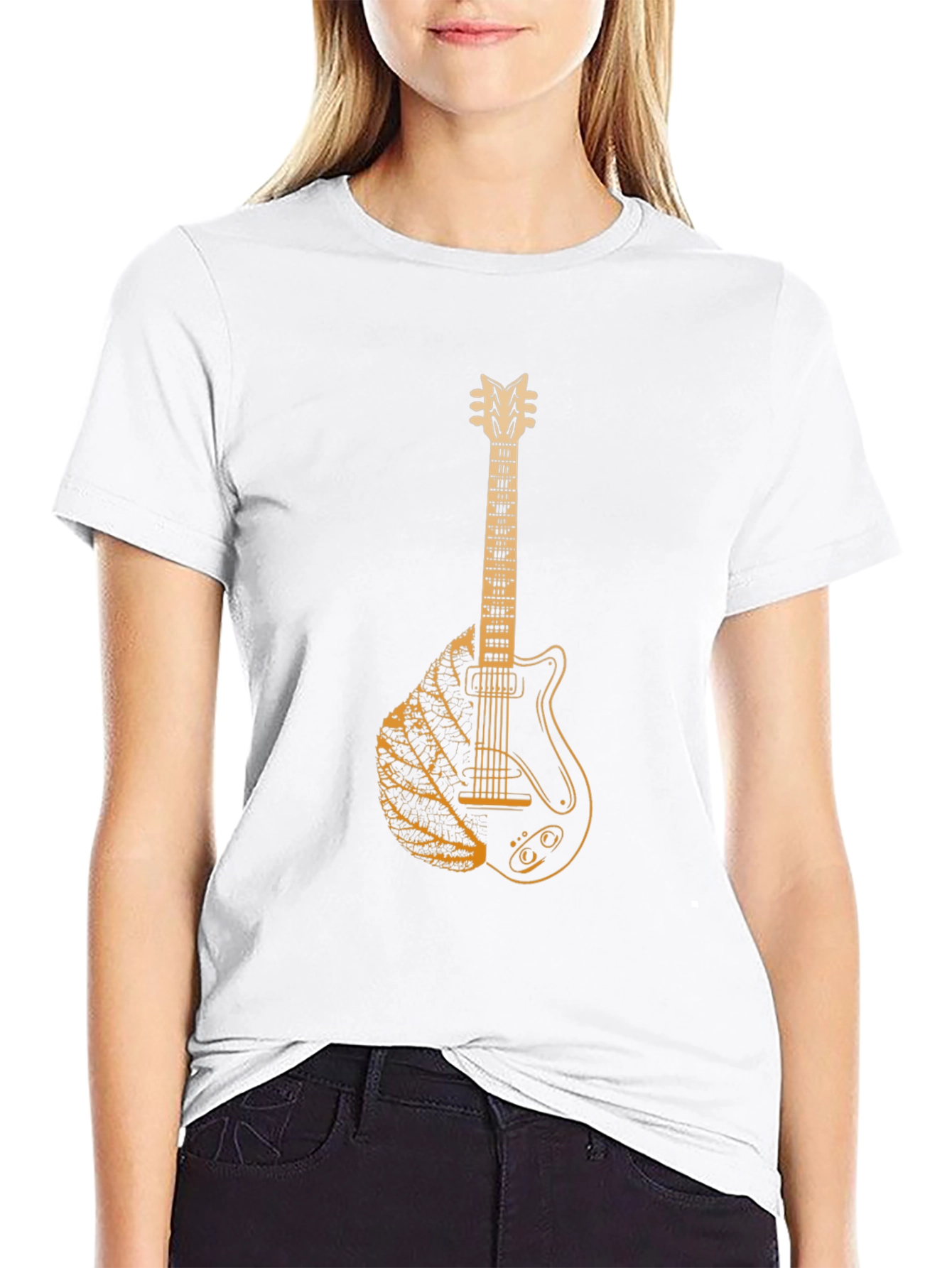 Guitar Leaf Graphic Tee - Black Cotton Casual T-Shirt