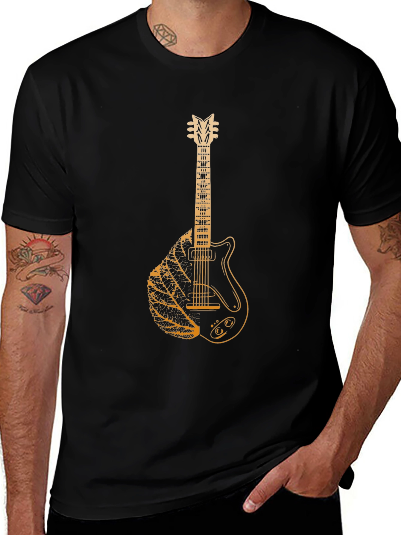 Guitar Leaf Graphic Tee - Black Cotton Casual T-Shirt