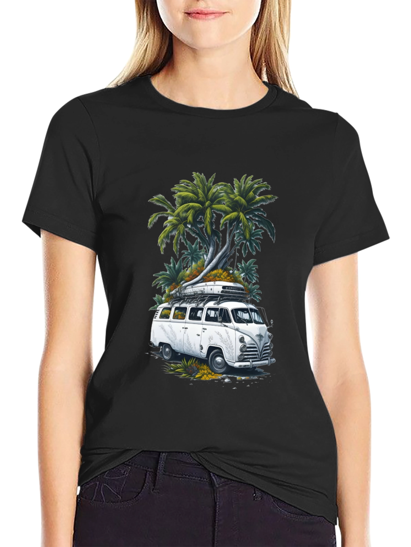 Retro Van & Palms Graphic Tee - Black