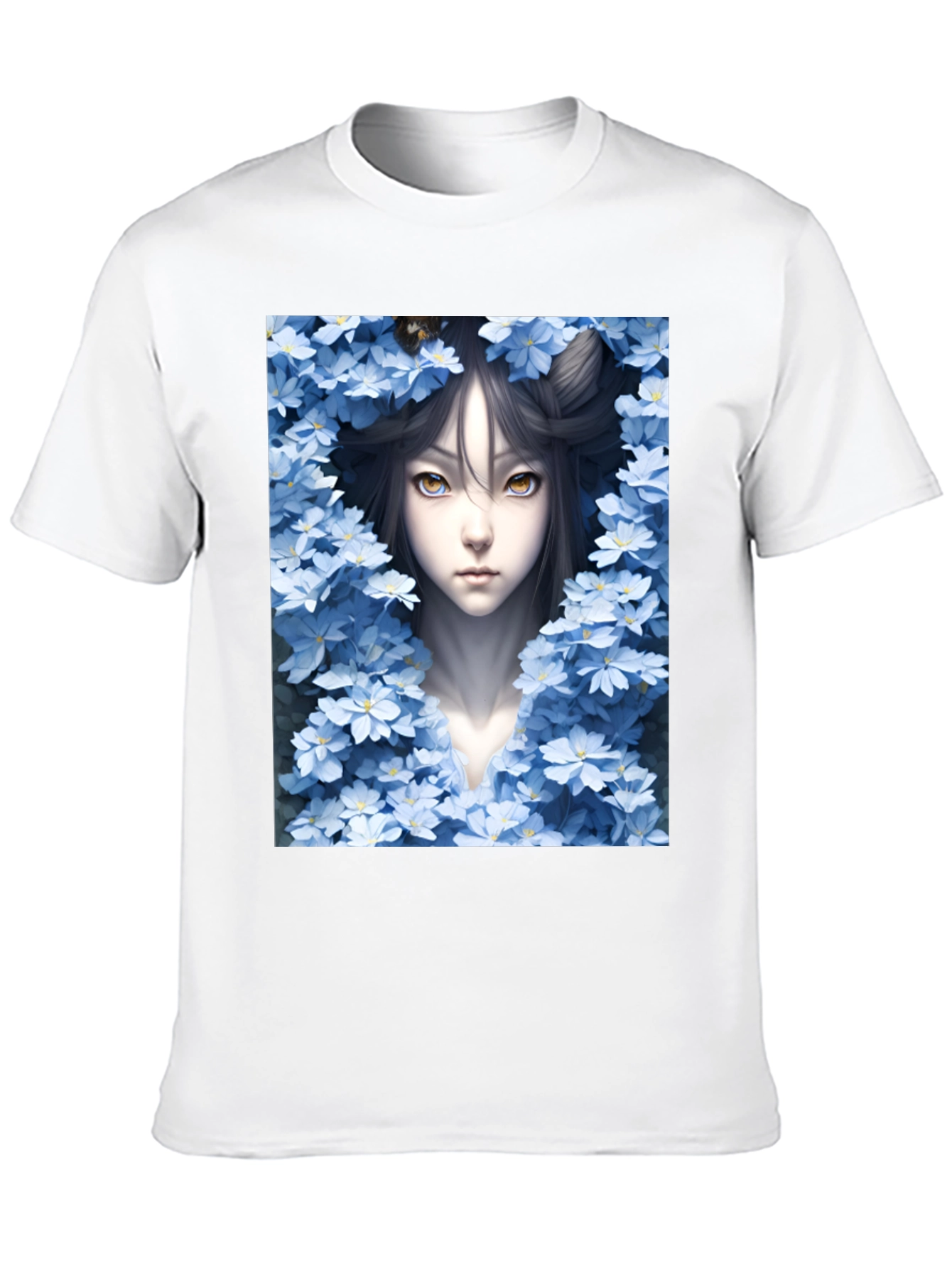 Anime Girl Surrounded by Flowers Black Tee