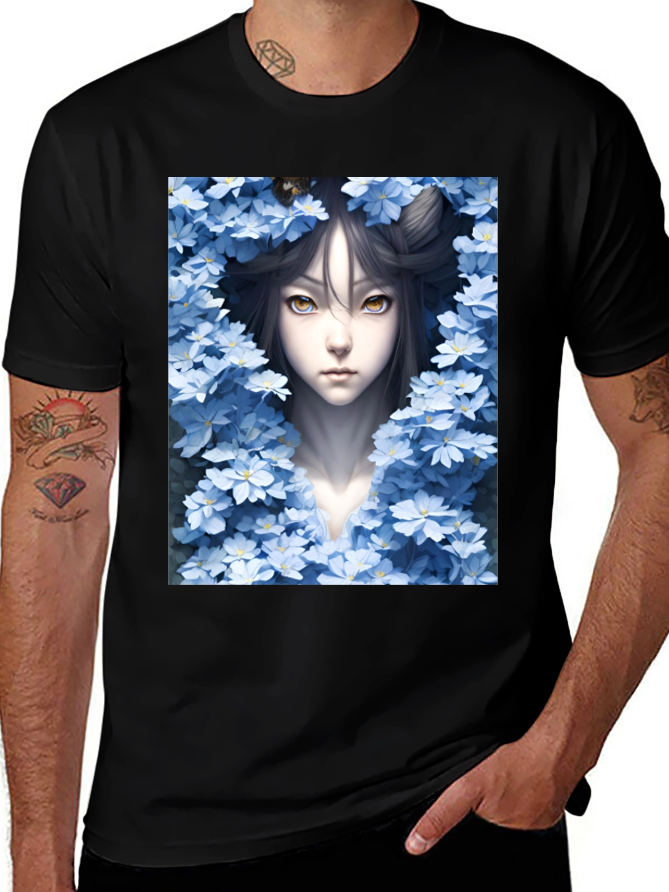 Anime Girl Surrounded by Flowers Black Tee