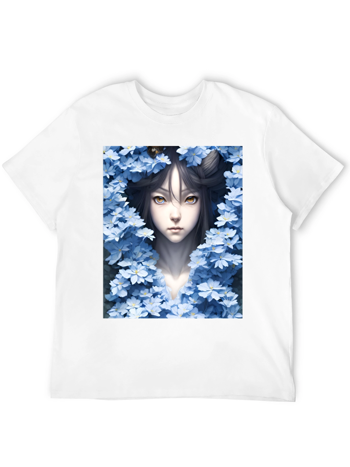 Anime Girl Surrounded by Flowers Black Tee