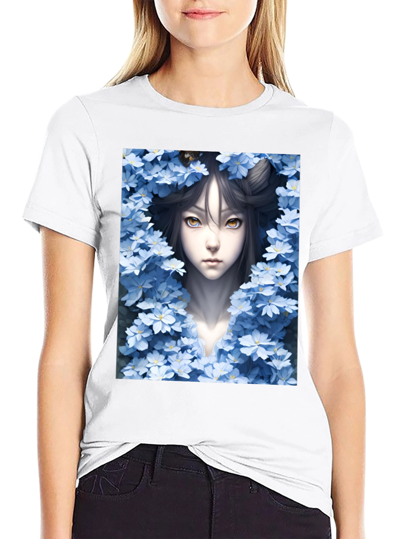 Anime Girl Surrounded by Flowers Black Tee