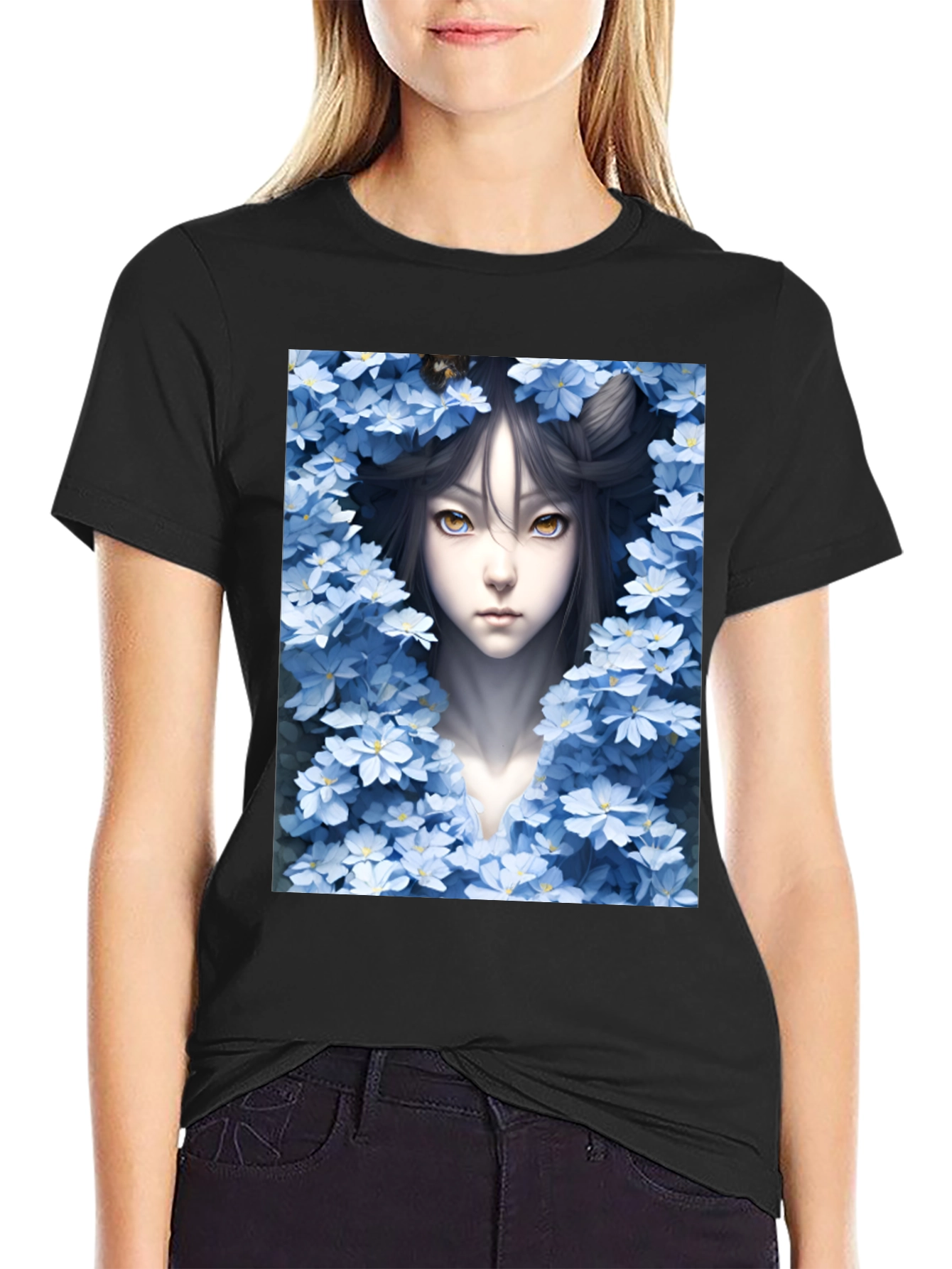 Anime Girl Surrounded by Flowers Black Tee