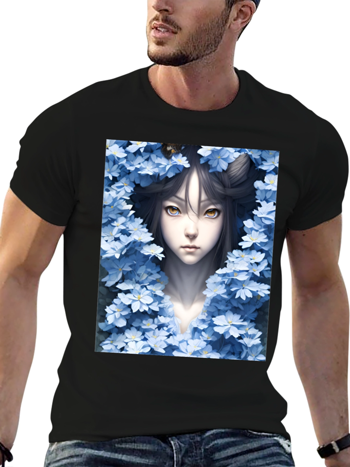 Anime Girl Surrounded by Flowers Black Tee