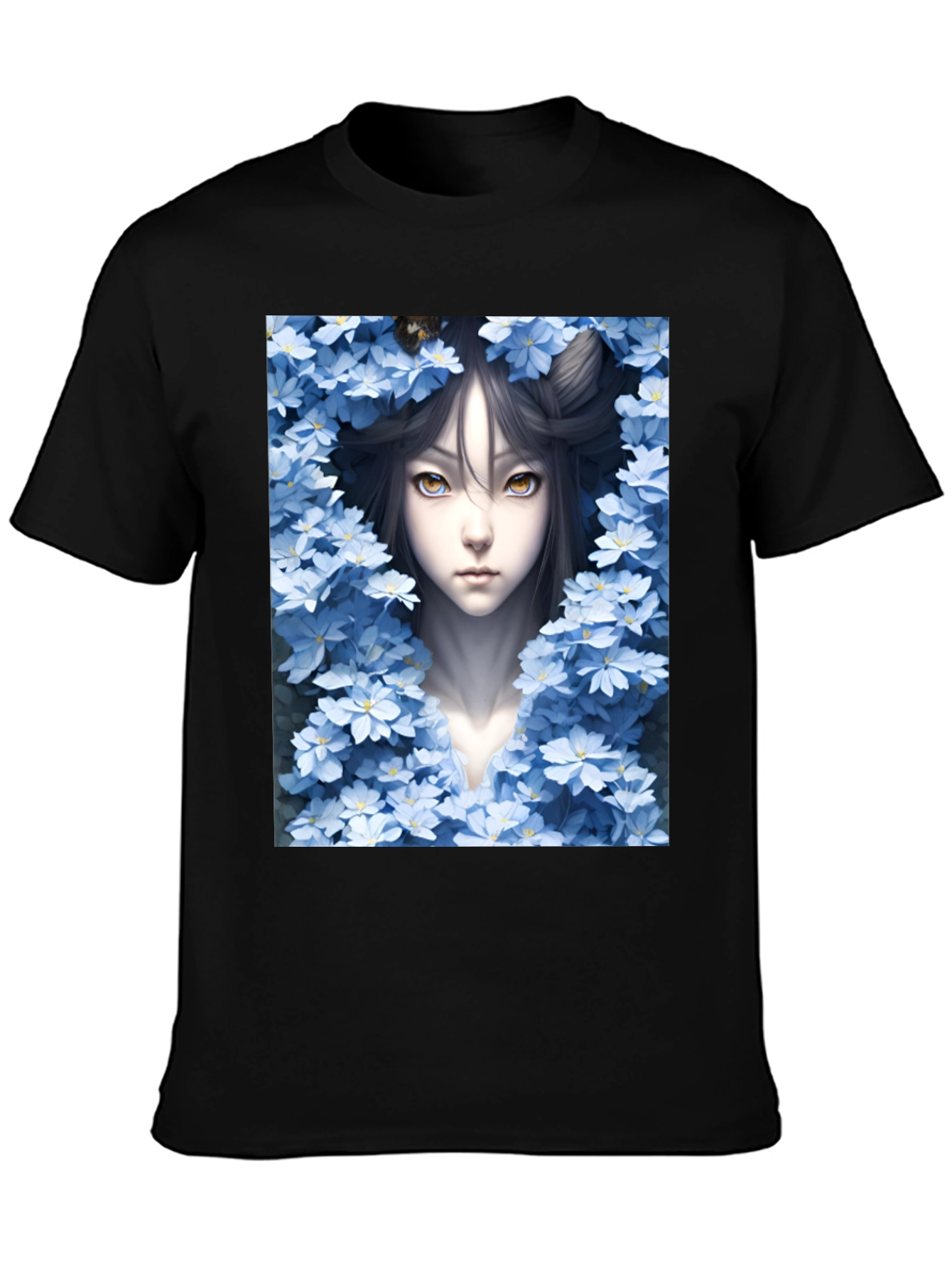 Anime Girl Surrounded by Flowers Black Tee