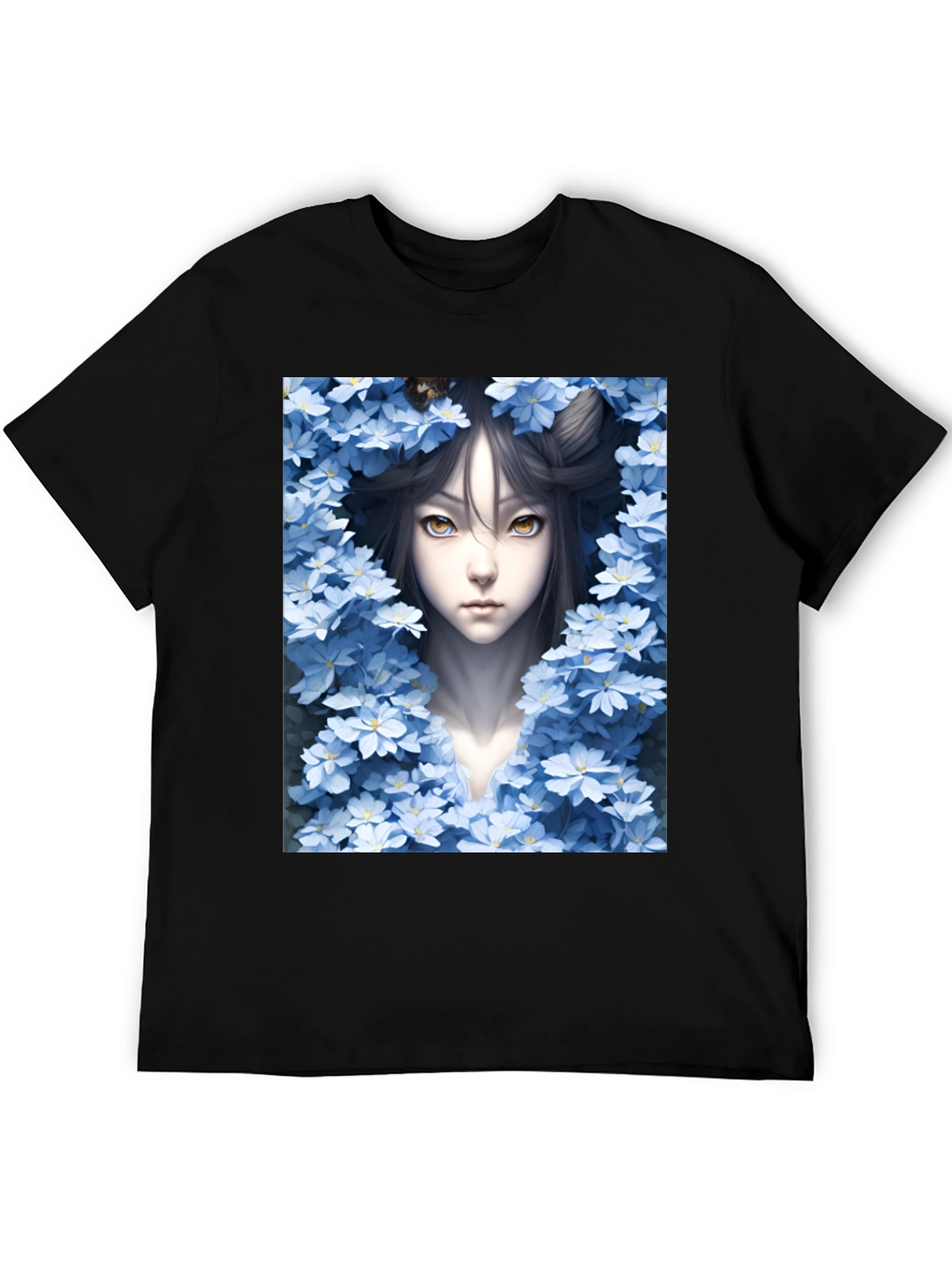 Anime Girl Surrounded by Flowers Black Tee