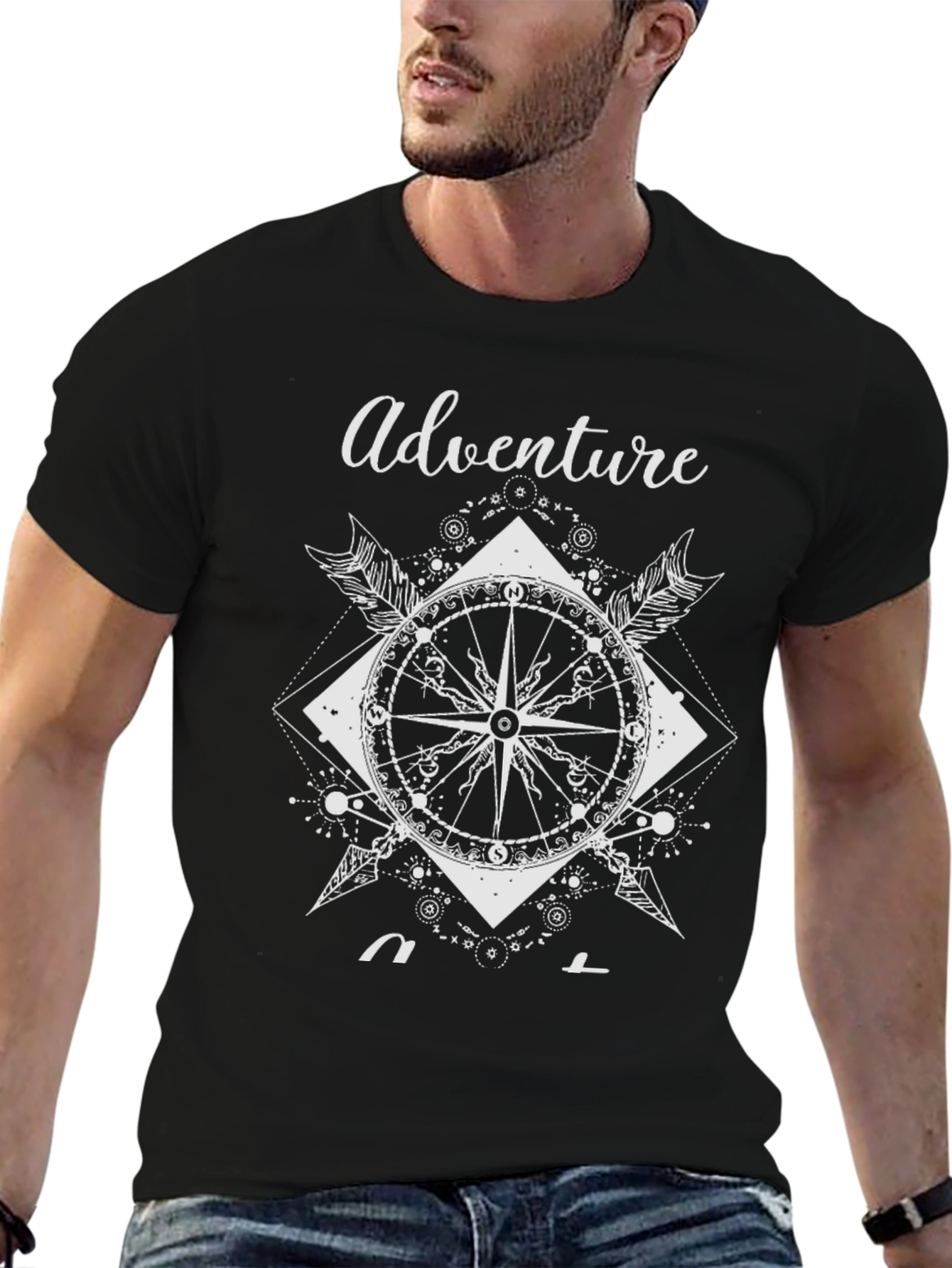 Adventure Compass Graphic Print Mens Black T-Shirt