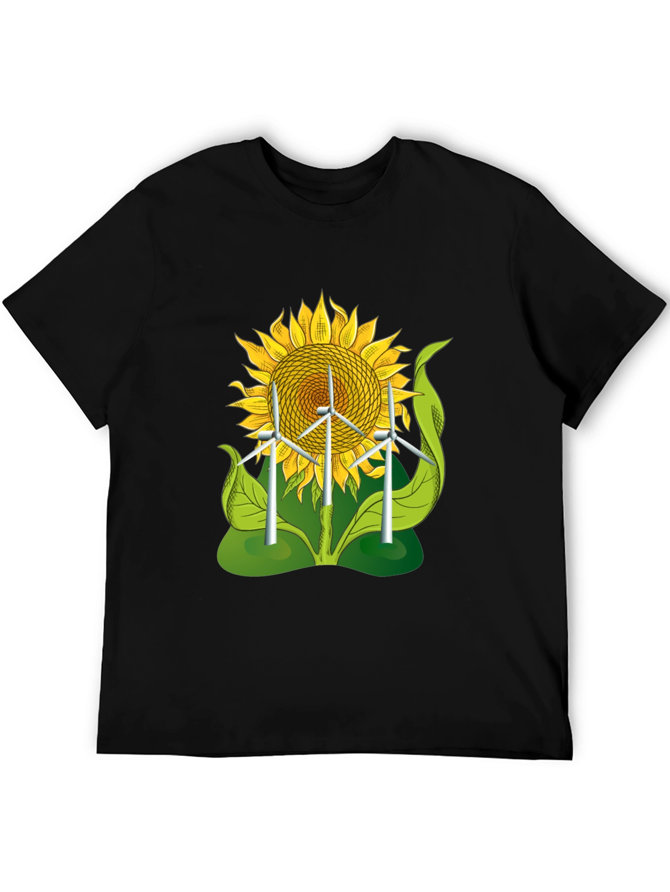 Sunflower & Wind Turbine Graphic Tee - Eco-Friendly Design