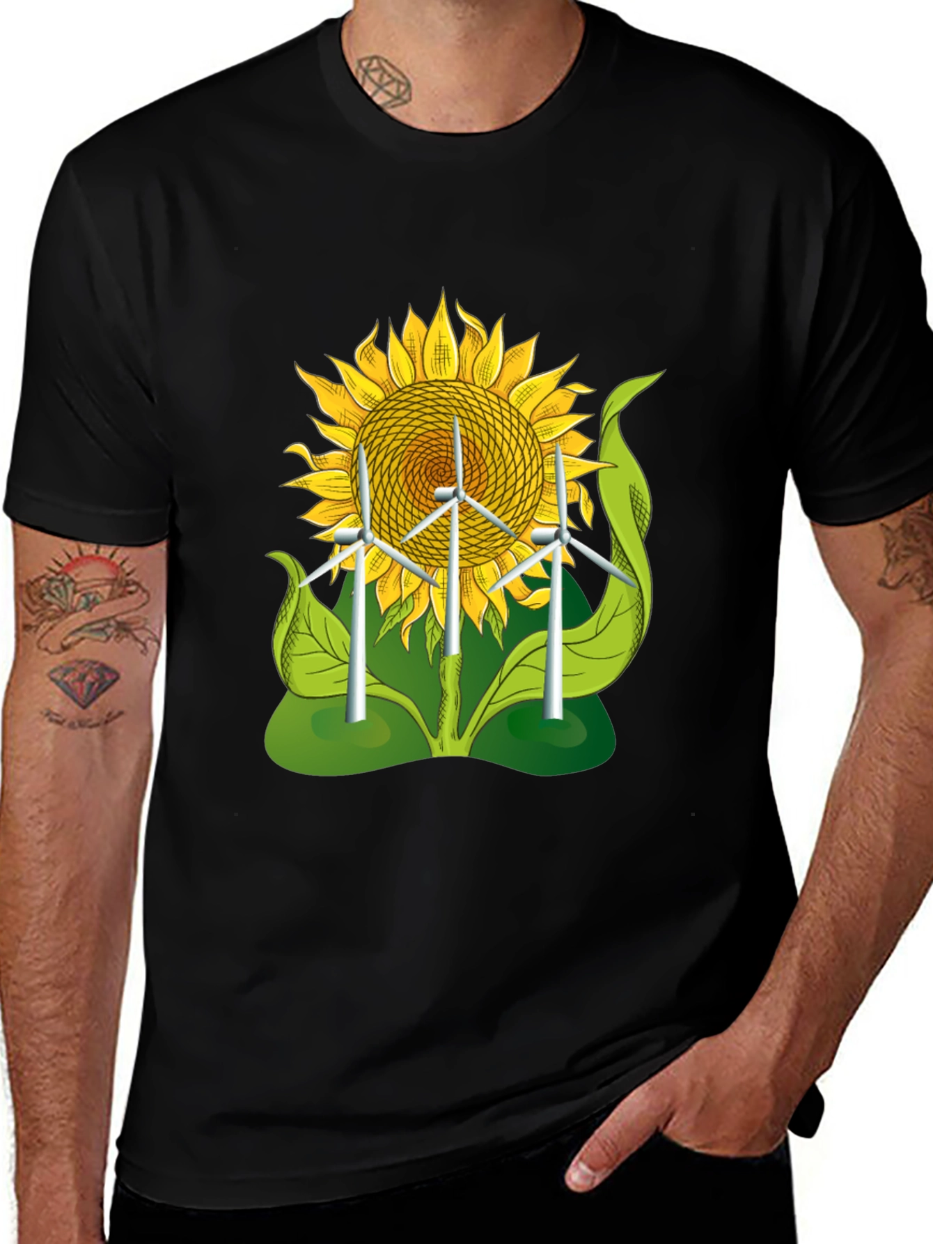 Sunflower & Wind Turbine Graphic Tee - Eco-Friendly Design