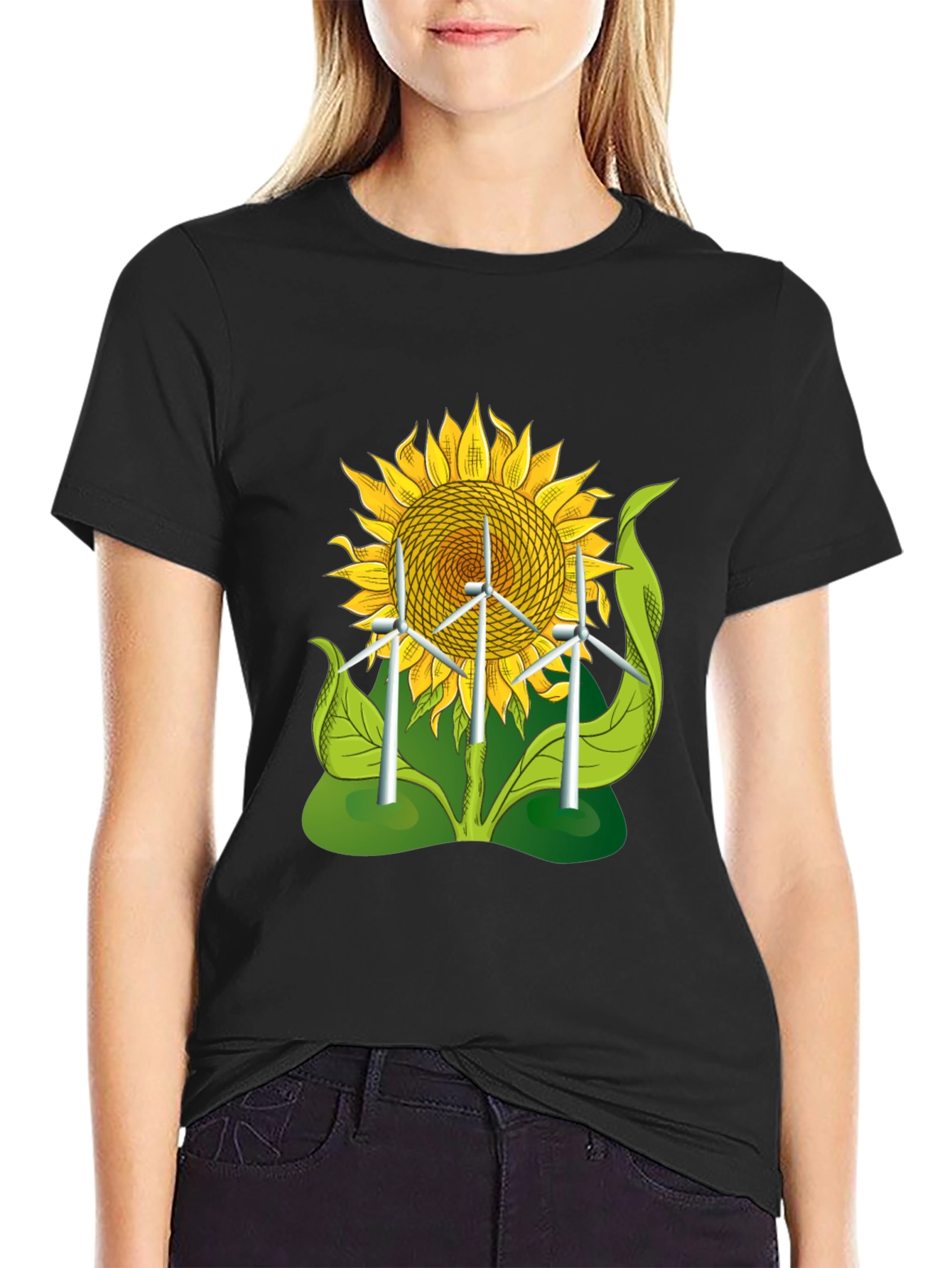Sunflower & Wind Turbine Graphic Tee - Eco-Friendly Design