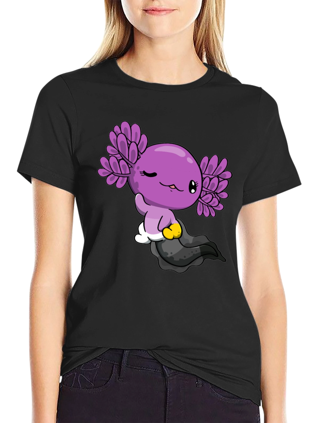 Axolotl Cartoon Graphic Black T-Shirt
