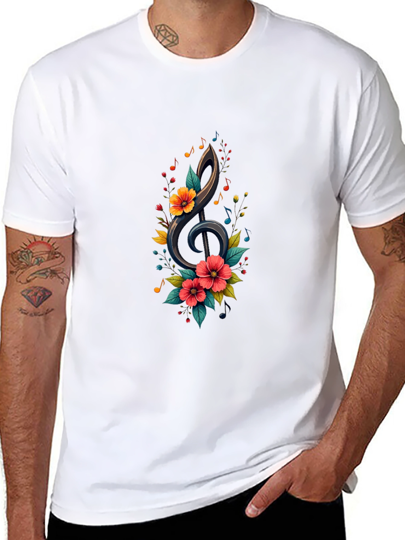 Floral Treble Clef Black T-Shirt