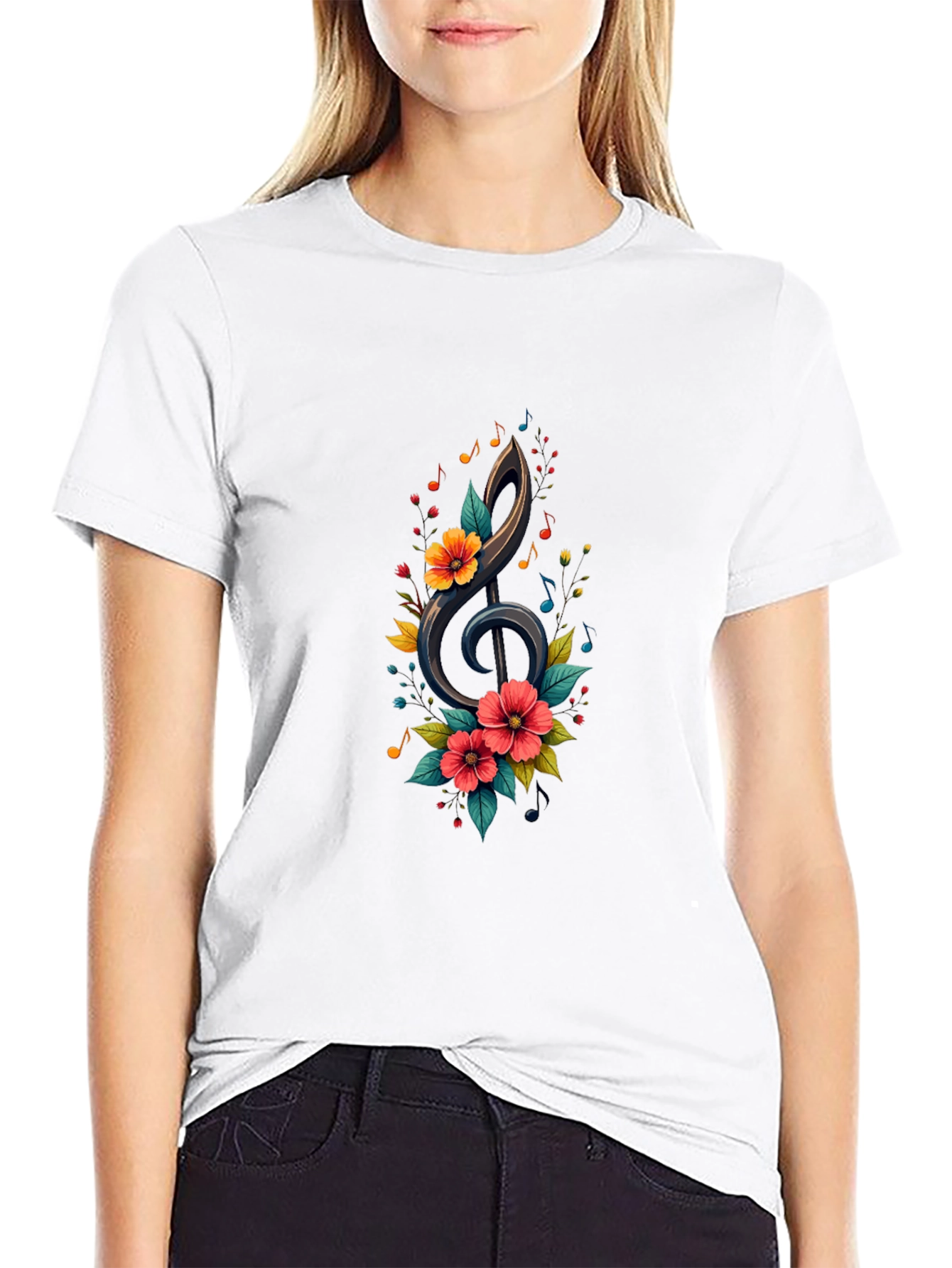 Floral Treble Clef Black T-Shirt