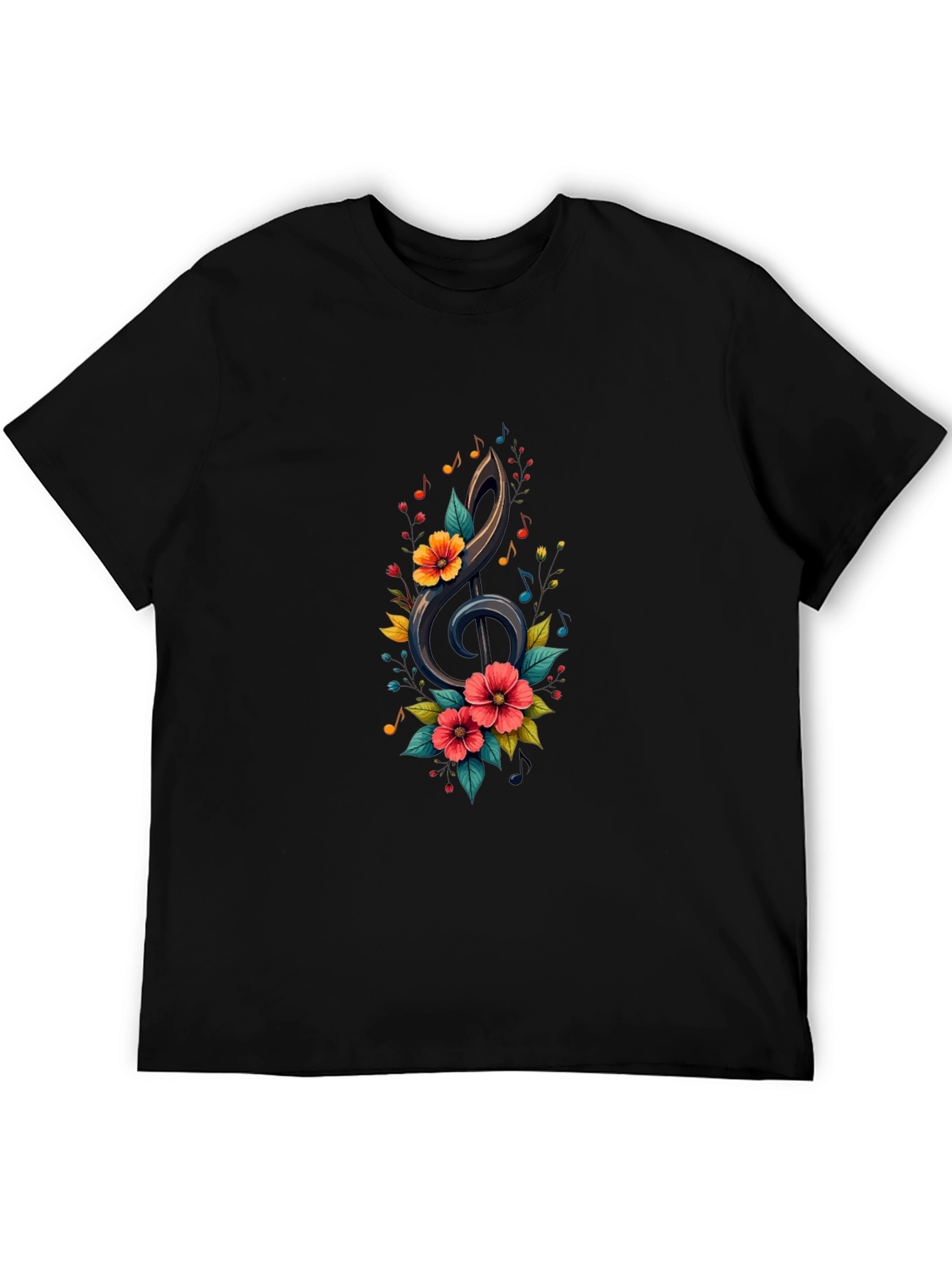 Floral Treble Clef Black T-Shirt