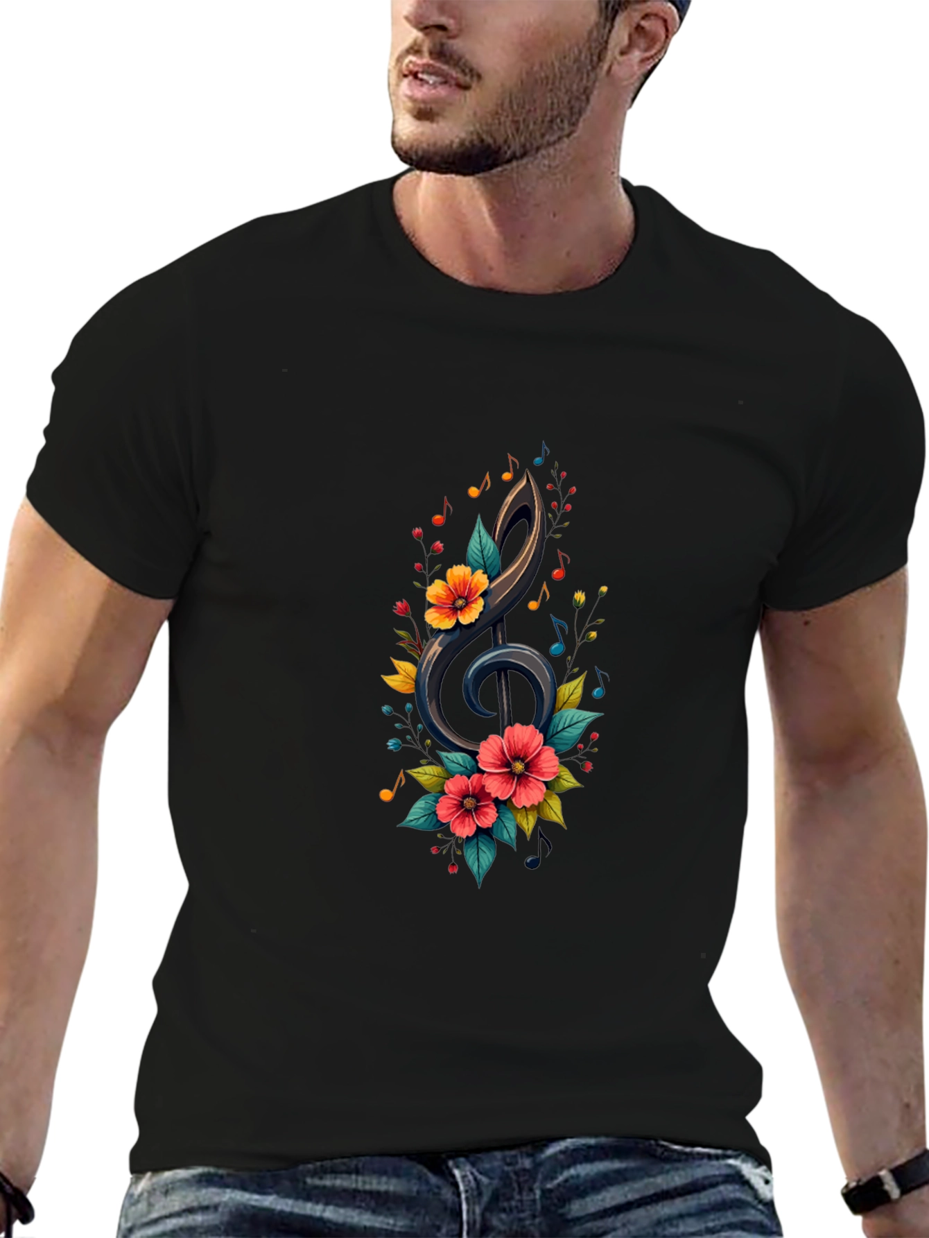 Floral Treble Clef Black T-Shirt