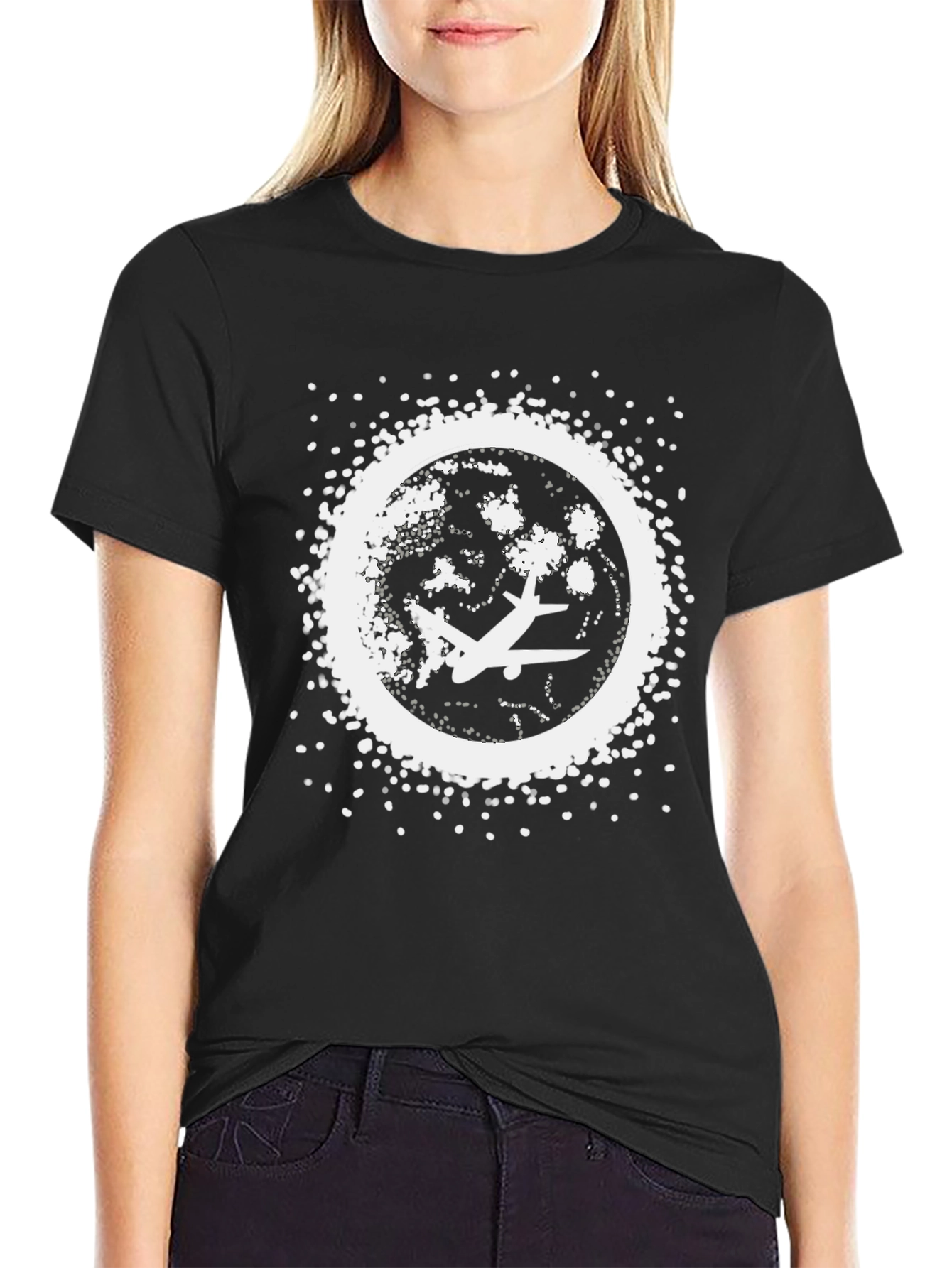 Airplane Moon Graphic T-Shirt - Classic Black Cotton Tee