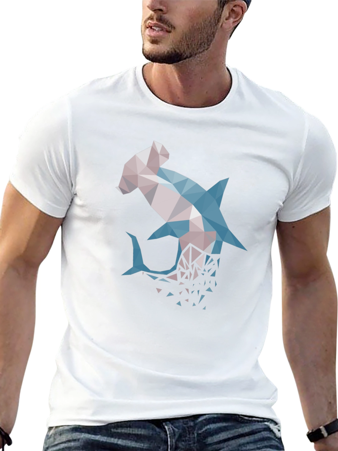 Geometric Shark Graphic Tee - Modern Mens Black T-Shirt
