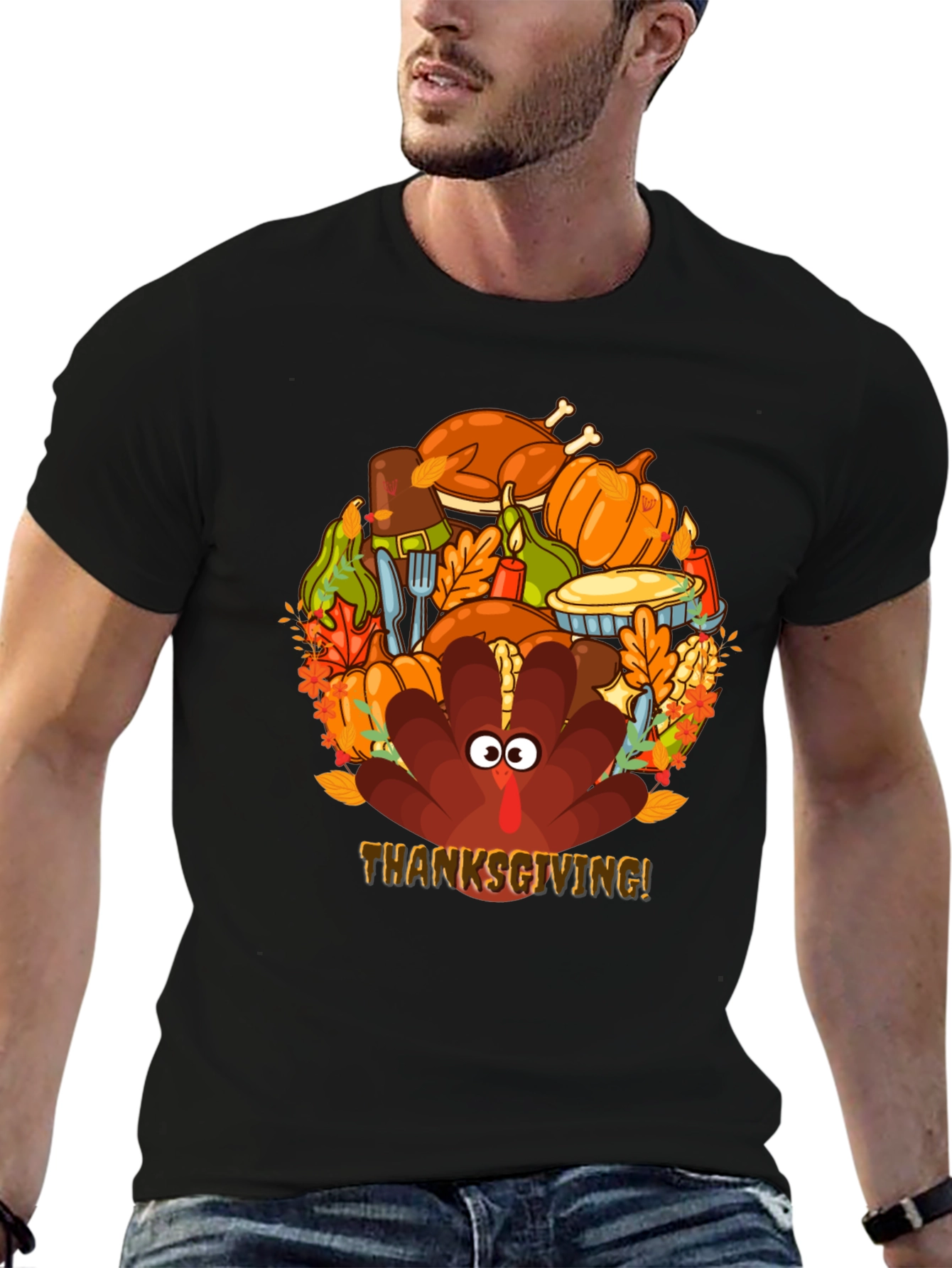 Thanksgiving Turkey Feast Graphic Tee - Mens Black T-Shirt