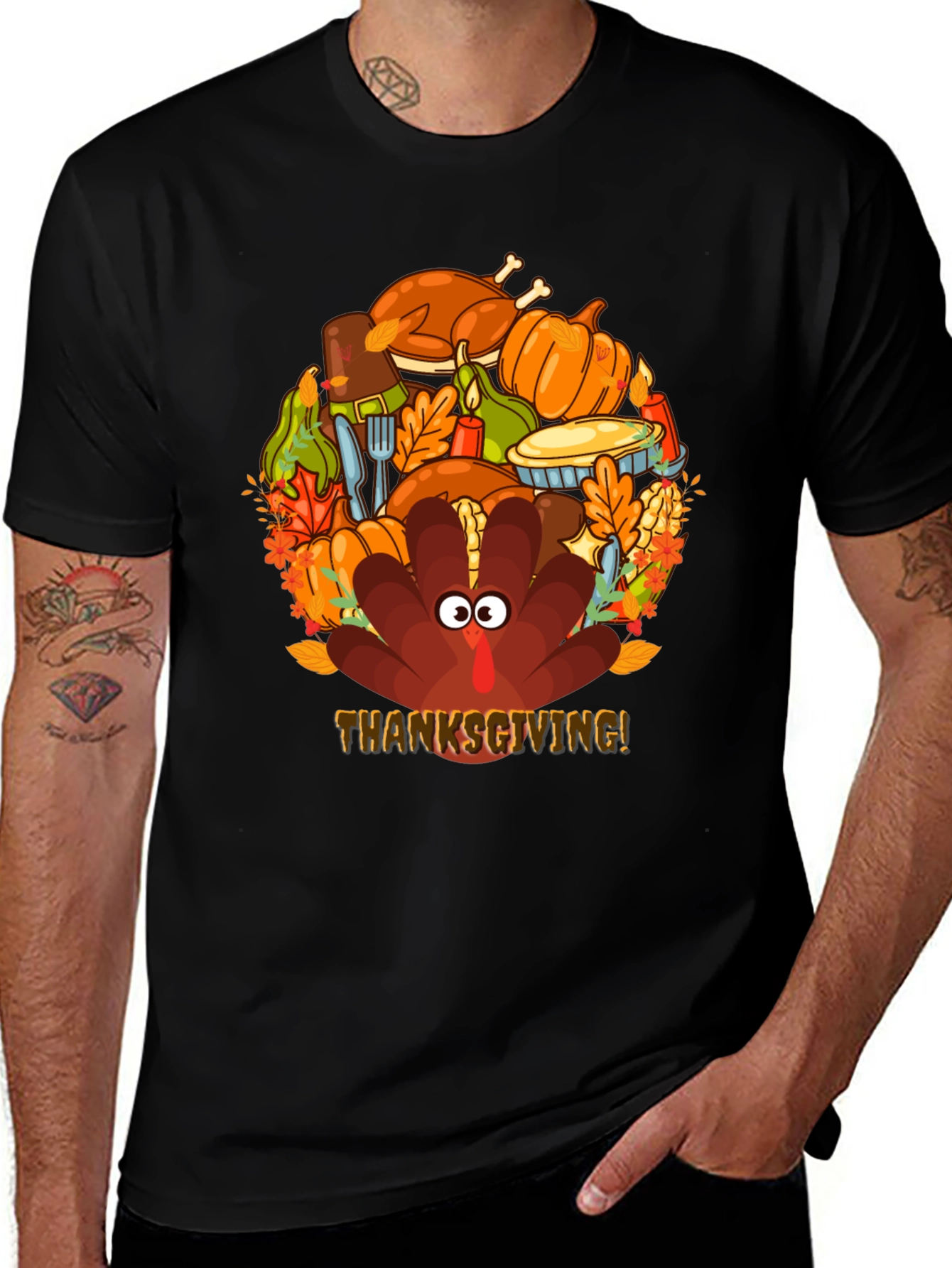 Thanksgiving Turkey Feast Graphic Tee - Mens Black T-Shirt