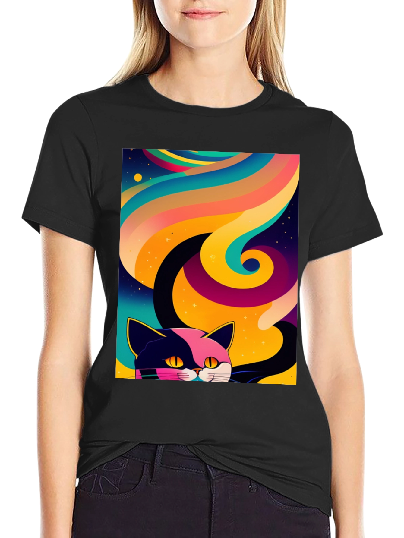 Psychedelic Cat Graphic Tee - Black Cotton Comfort
