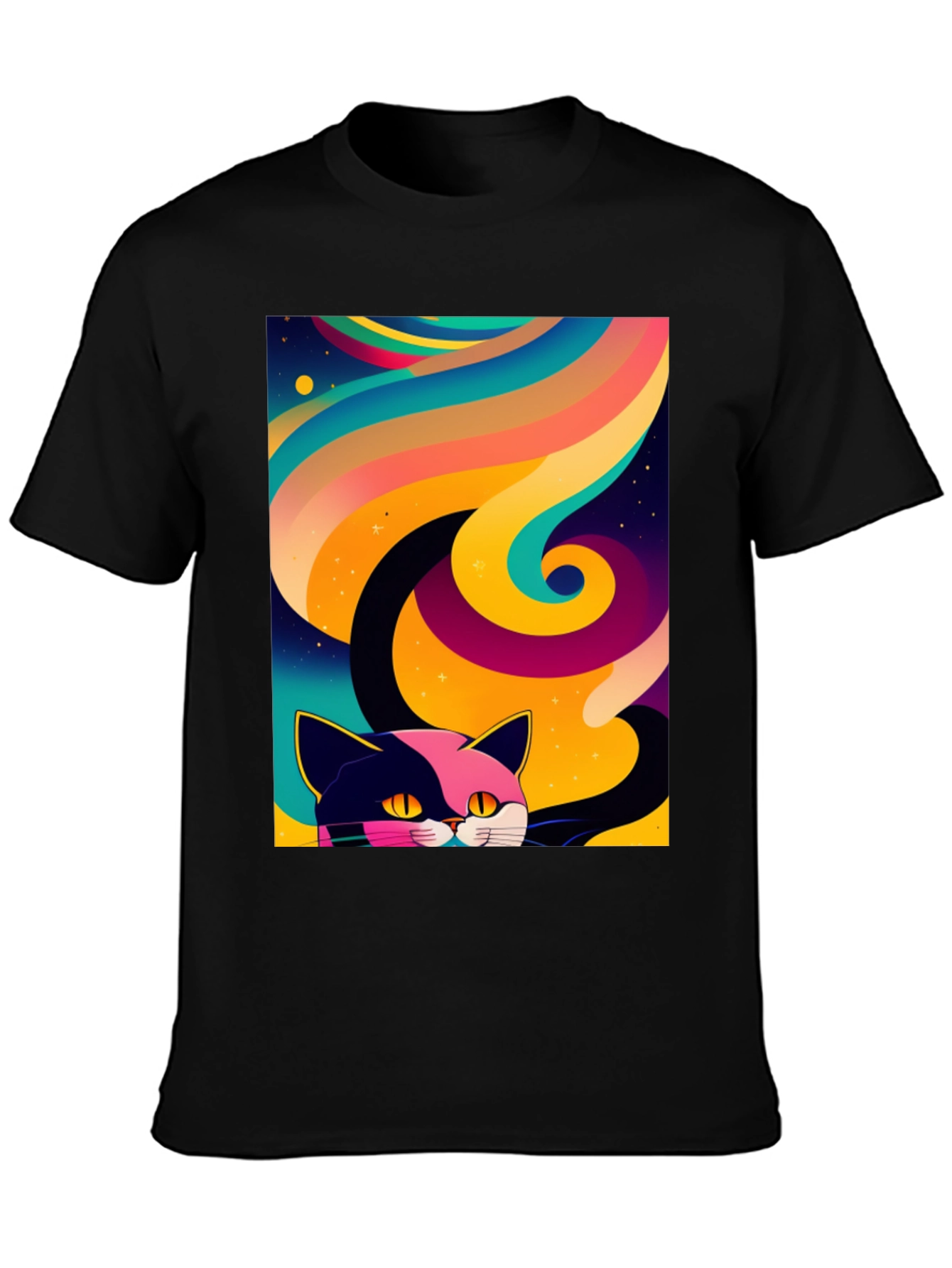 Psychedelic Cat Graphic Tee - Black Cotton Comfort
